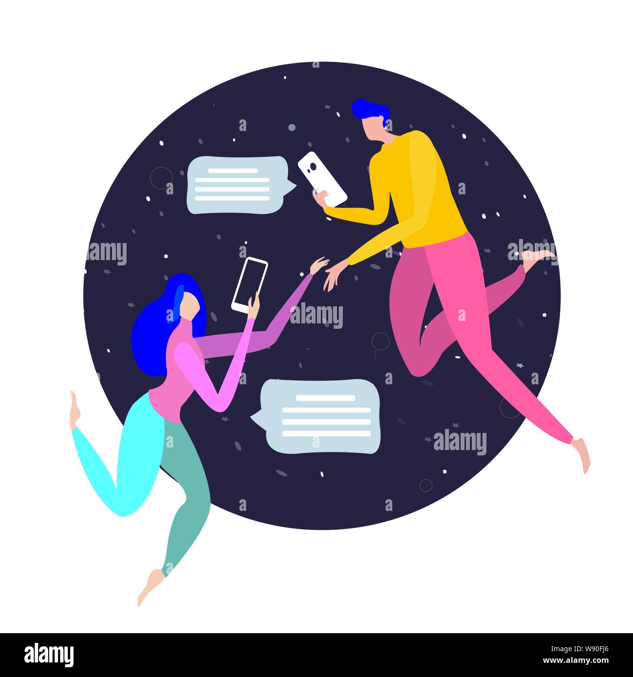 Virtual relationship and love dialog. Communication between people through network on the smartphone. Flat vector illustration Stock Vector