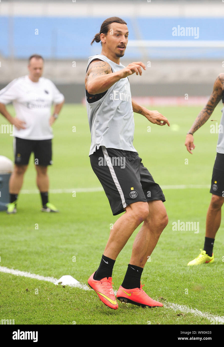 Zlatan Ibrahimovic of Paris Saint-Germain football club attends a training session ahead of the French Super Cup soccer match against Guingamp in Beij Stock Photo