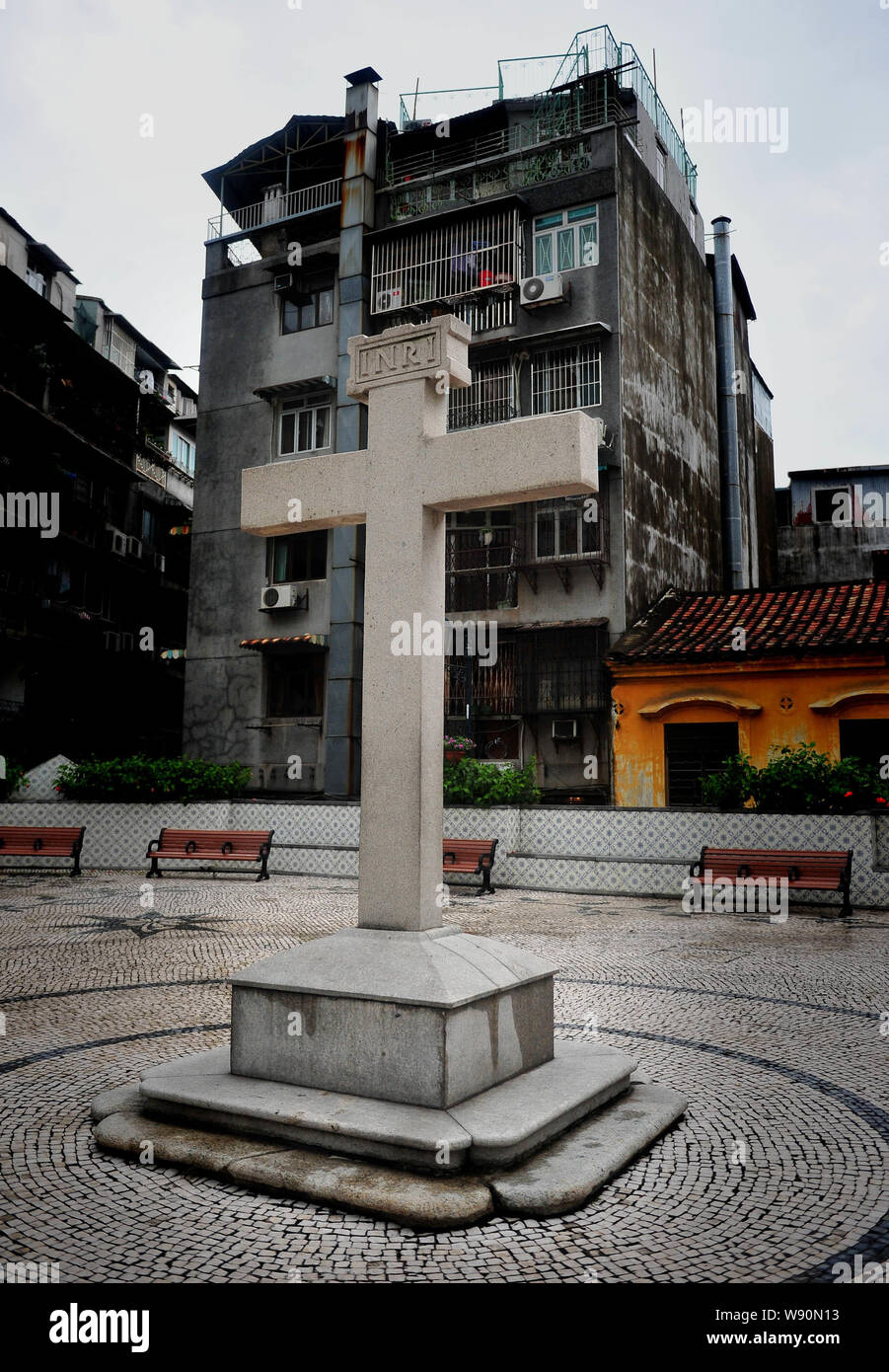View of a cross at the Largo da Se of Historic Centre of Macau in Macau, China, 29 July 2011. Stock Photo