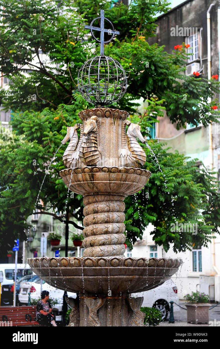 View of a fountain at the Largo da Se of Historic Centre of Macau in Macau, China, 29 July 2011. Stock Photo