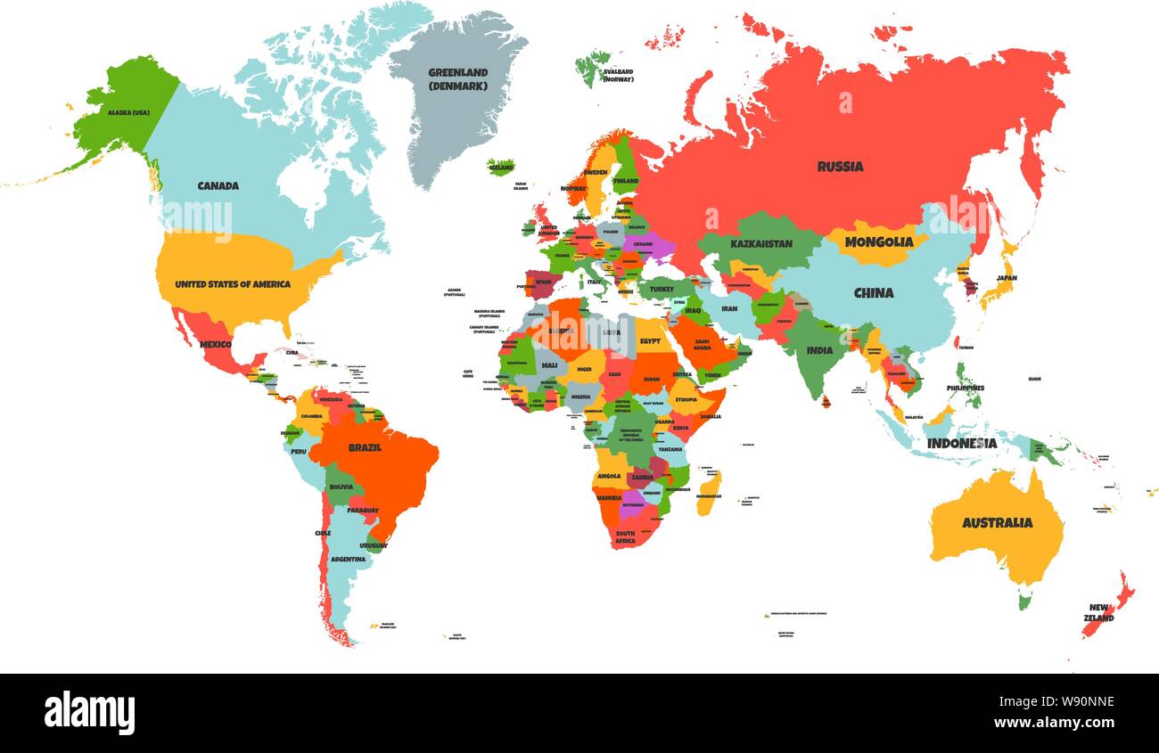 Colorful Hi detailed Vector world map complete with all countries names - Vector illustration 