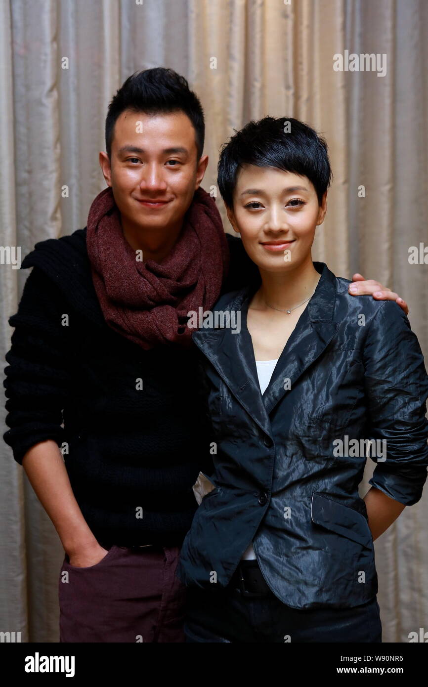--FILE--Chinese actor Wen Zhang, left, and his actress wife Ma Yili attend a press conference for their new TV series, Little Daddy, in Beijing, China Stock Photo