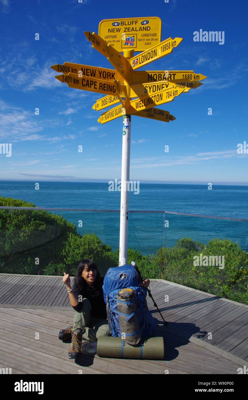 Stirling Point signpost. Te Araroa Trail. Bluff. Southland. South Island. New Zealand Stock Photo