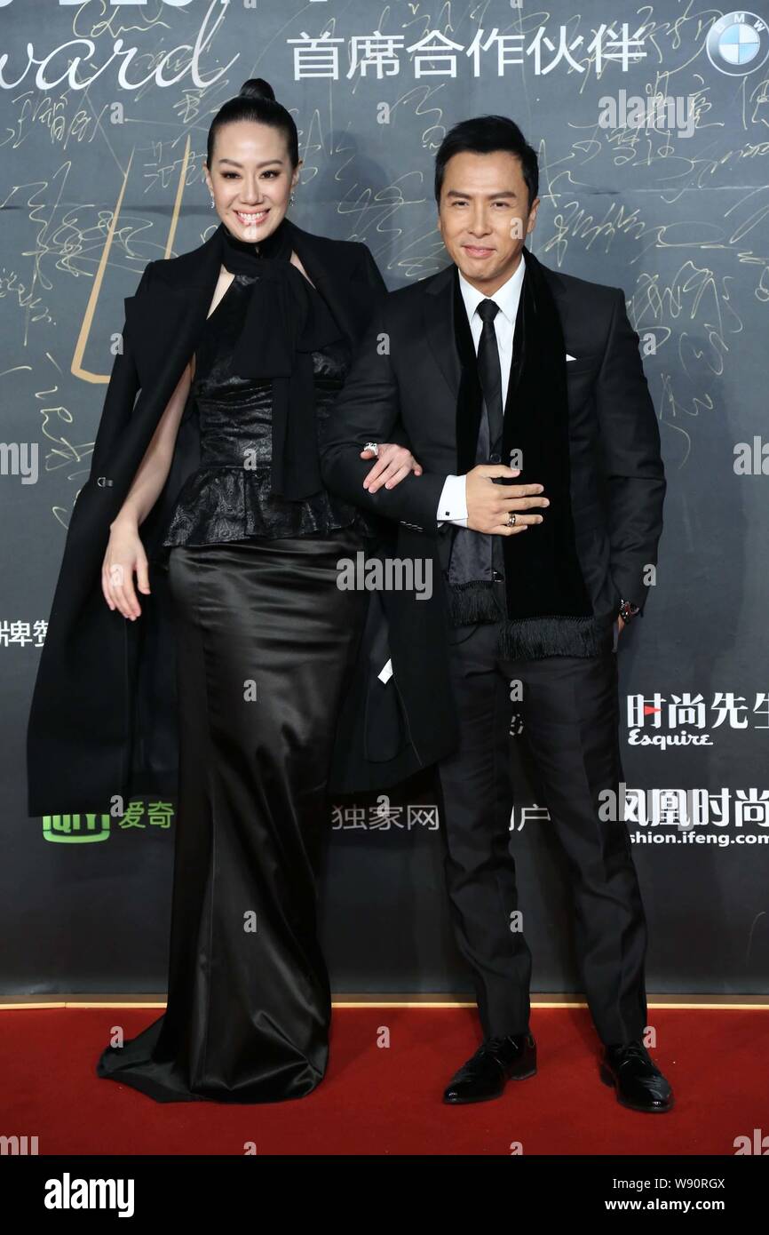 Hong Kong actor Donnie Yen, right, and his model wife Cecilia Wang pose on  the red carpet for The Esquire Man at His Best Awards ceremony in Beijing  Stock Photo - Alamy