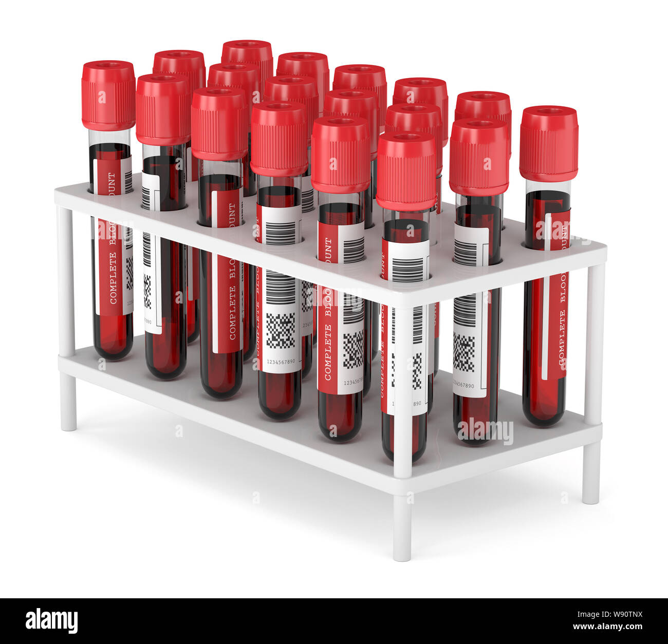 3d render of CBC blood tubes in plastic container over white background