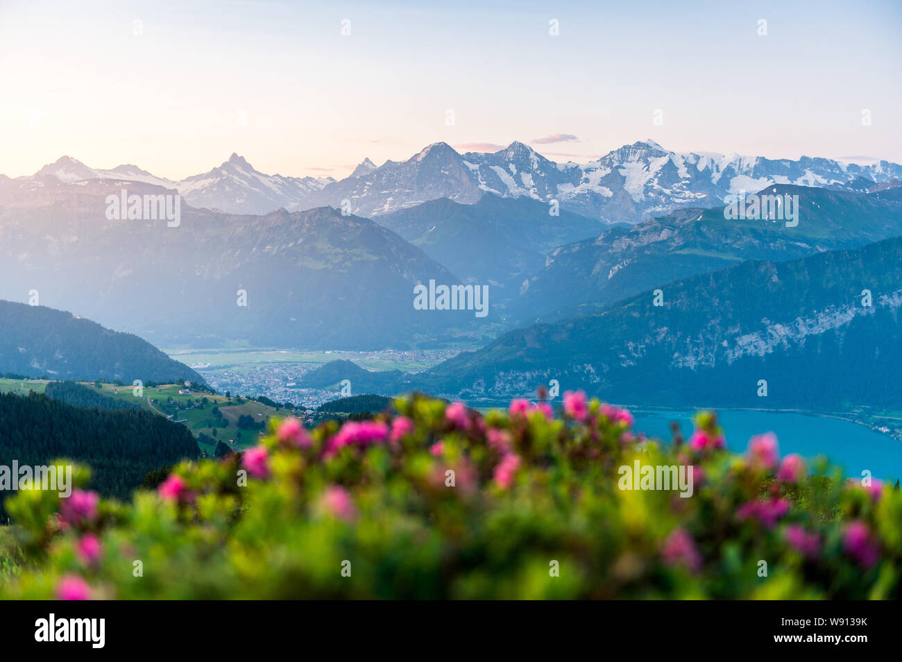 Morgenstimmung über Interlaken, dem Thunersee und den Berner Alpen mit Eiger, Mönch und Jungfrau Stock Photo