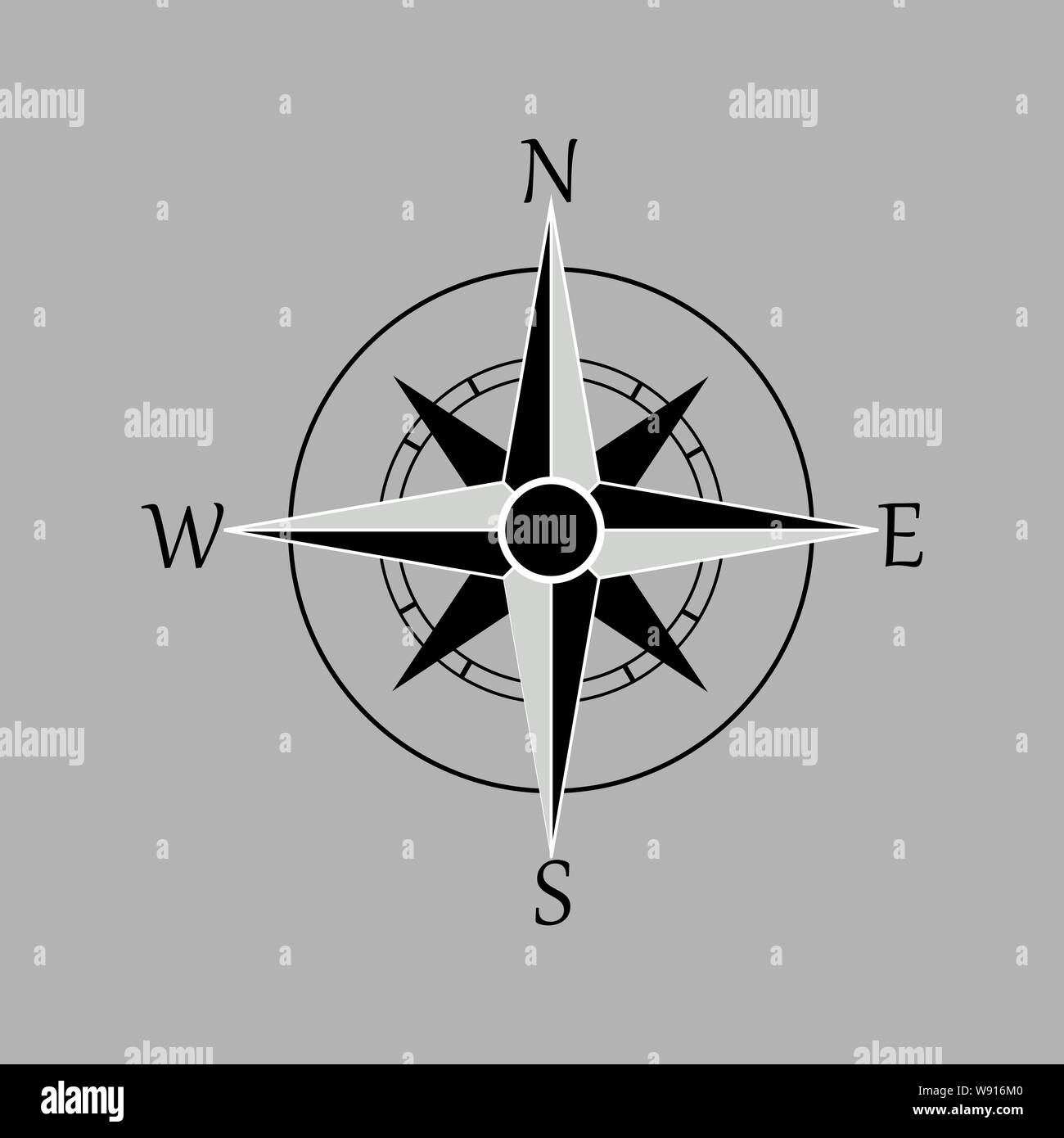 Compass rose, wind rose, navigation icon isolated on gray background. Vector illustration, flat design. - Vector illustration Stock Vector