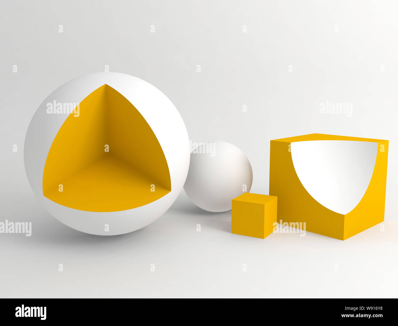 Abstract digital still life installation with yellow white geometric shapes over white soft shaded background. Subtract Boolean operation illustration Stock Photo