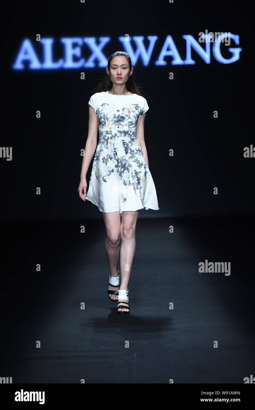 A model displays a new creation by designer Wang Peiyi at the Alex Wang ...
