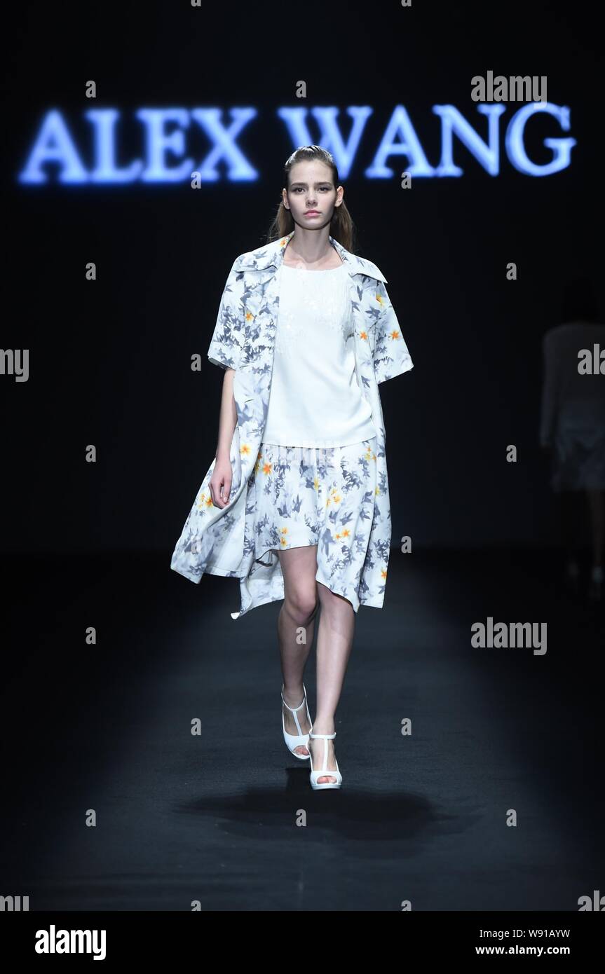 A model displays a new creation by designer Wang Peiyi at the Alex Wang ...