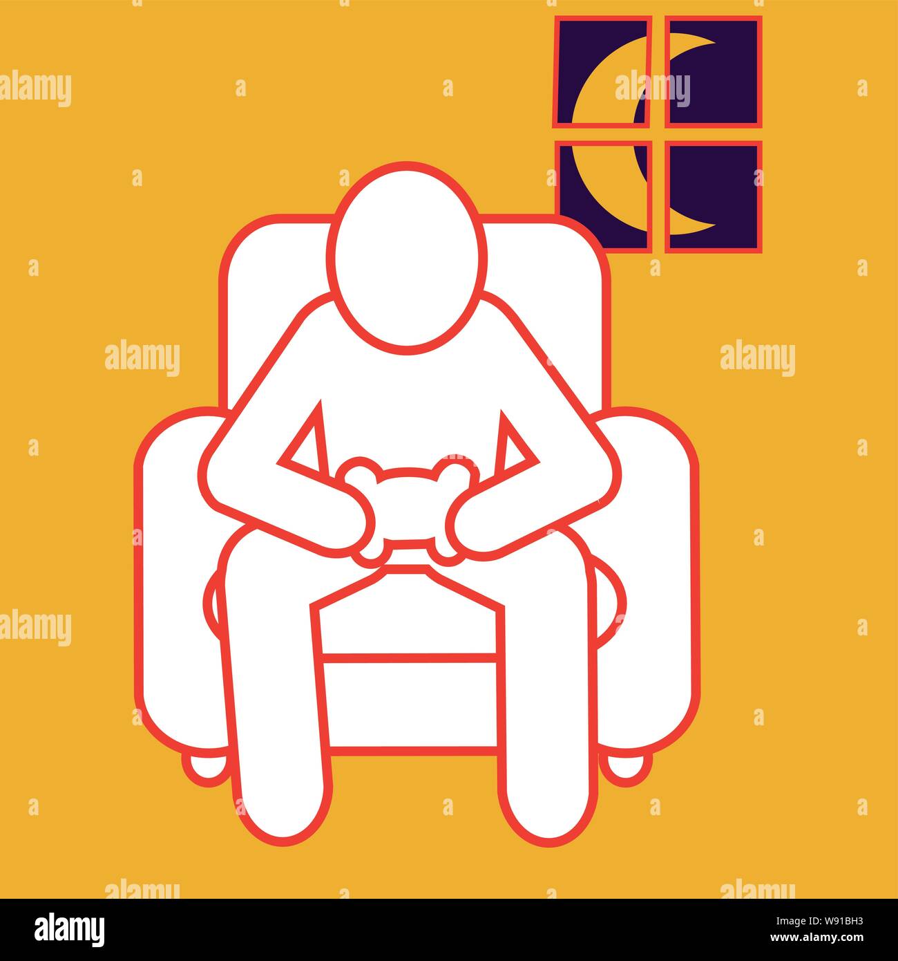 Late night gaming. Figure in easy chair with a game controller and the moon is in the window in the background Stock Vector