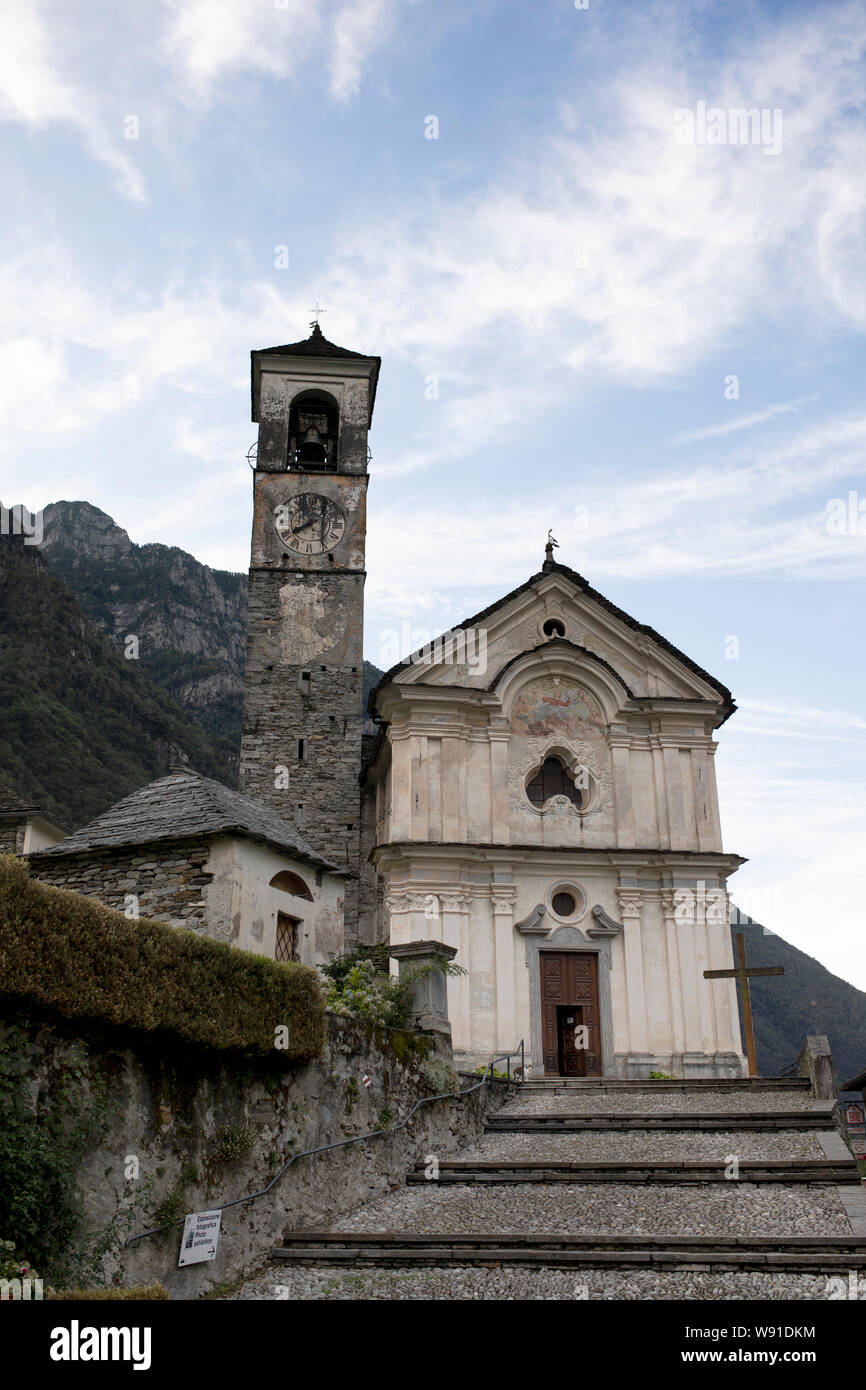 The Church of Santa Maria degli Angeli in the tiny town of Lavertezzo in the Italian region of Ticino in Switzerland. Stock Photo