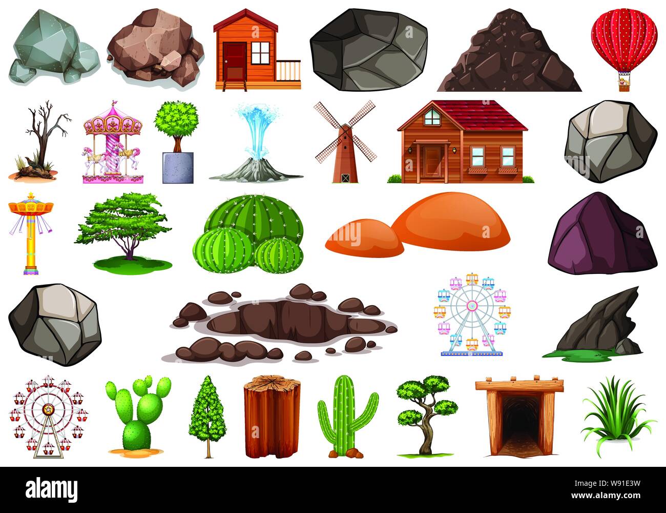 Collection of outdoor nature themed objects and plant elements