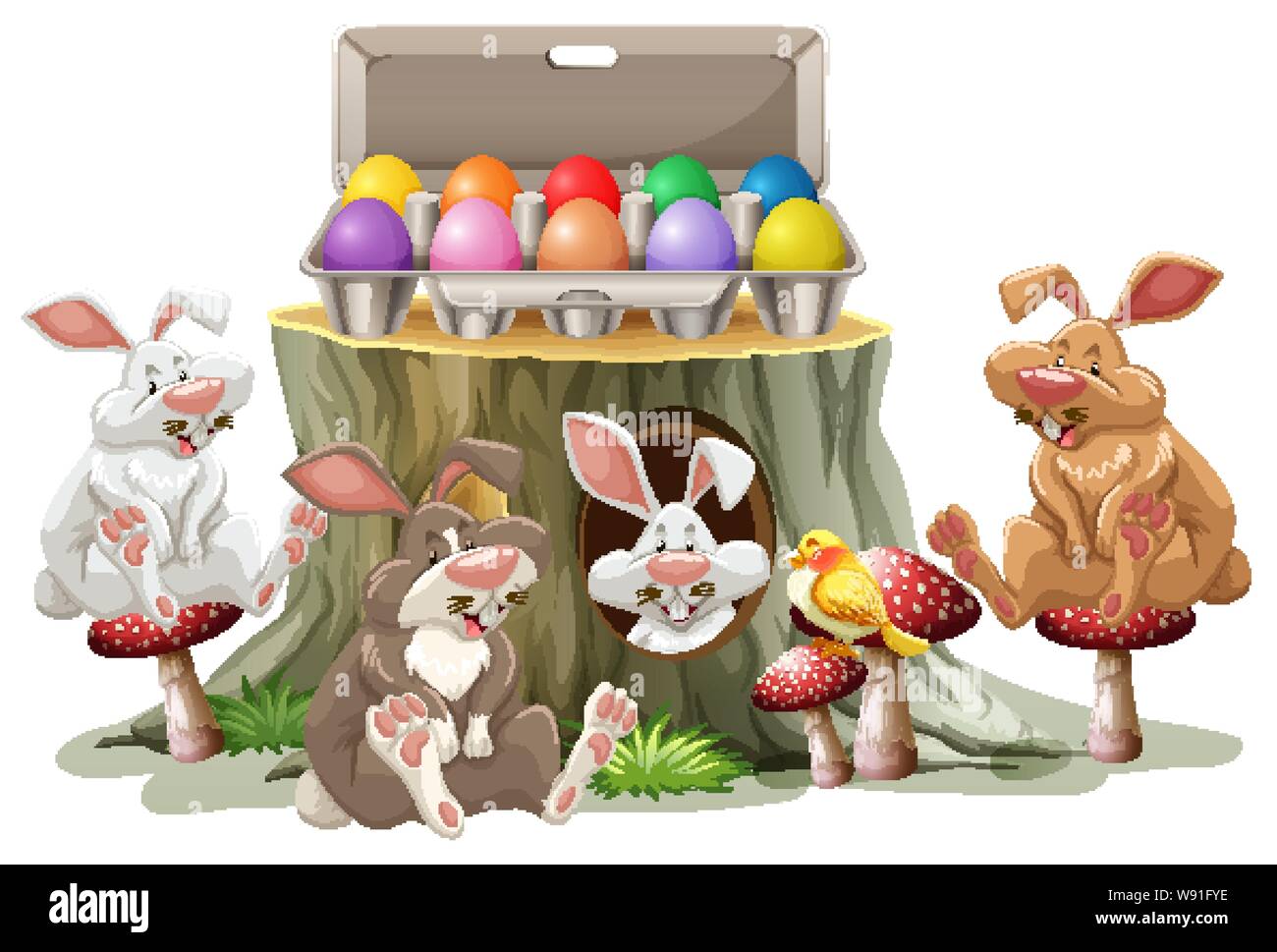 Bunny easter and colorful eggs on white background illustration Stock Vector