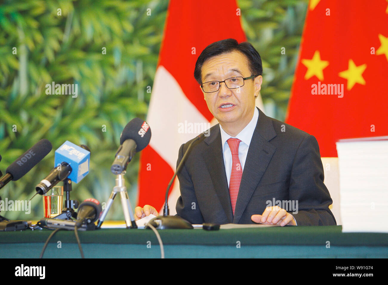 Chinese Commerce Minister Gao Hucheng speaks during a ceremony to sign a free-trade agreement with Swiss Federal Counsellor Johann Schneider-Ammann at Stock Photo