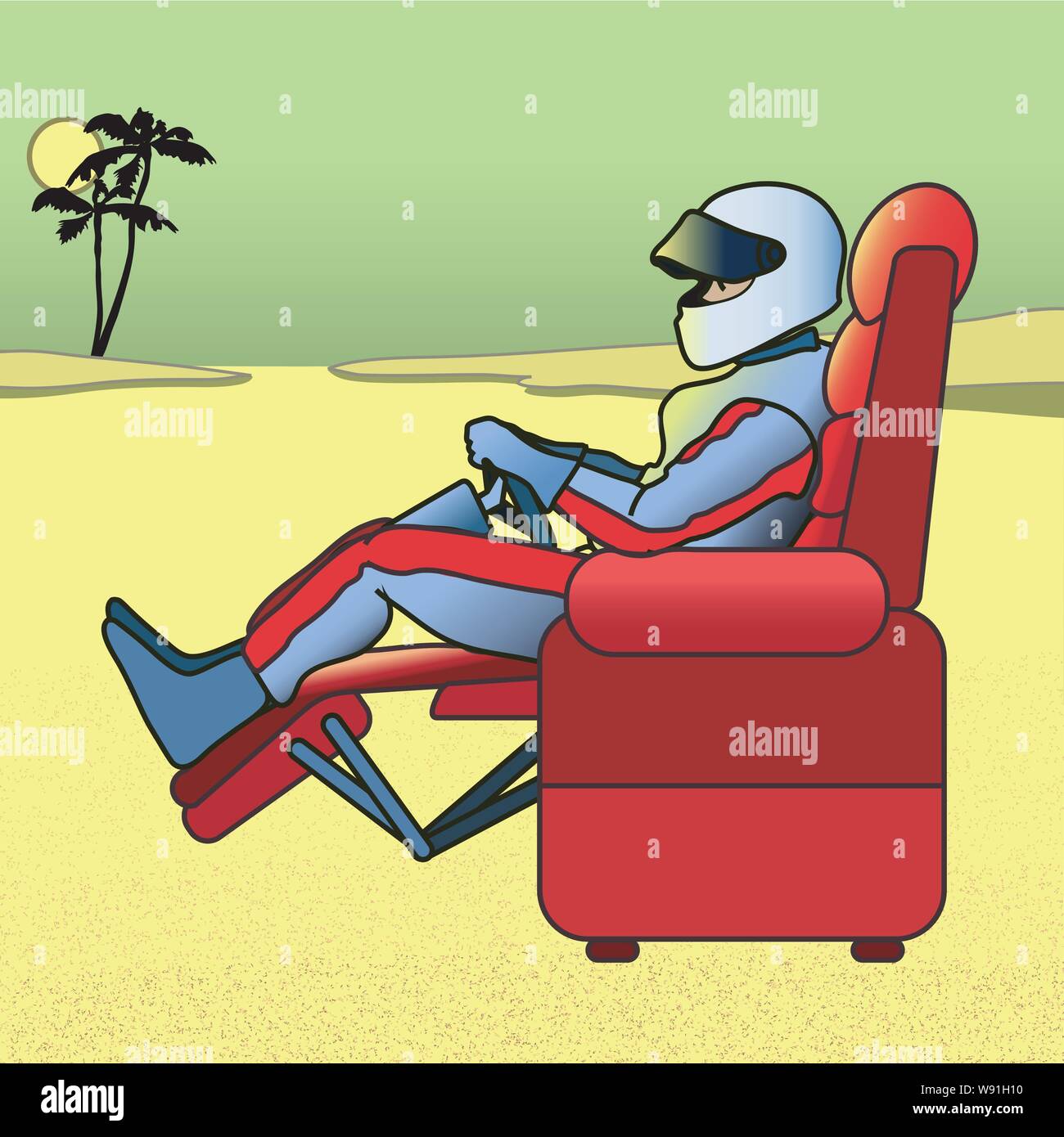 Race Gamer. A race car driver with a helmet & visor & striped one piece racing suit sitting in a legs up recliner, in the middle of the desert sun & p Stock Vector