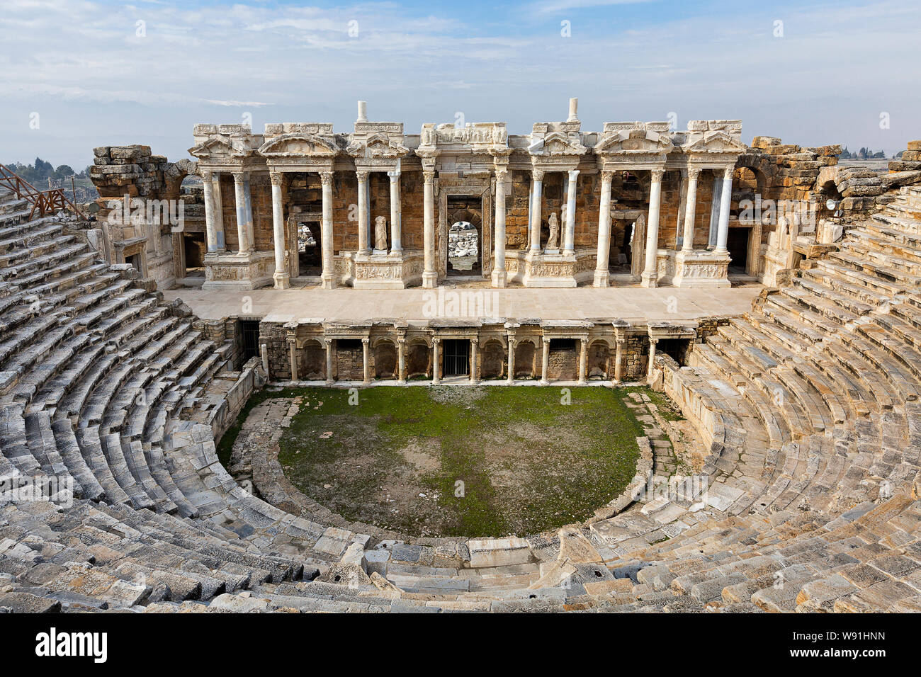 Roman amphitheater in the ruins of Hierapolis, in Pamukkale, Turkey. Stock Photo