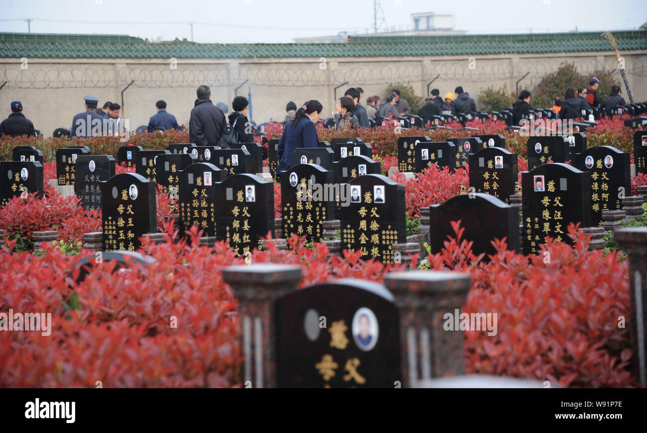 Visitors look for the tombs of their deceased relatives during Qingming Festival, or Tomb Sweeping Day, at a cemetery in Shanghai, China, 4 April 2013 Stock Photo