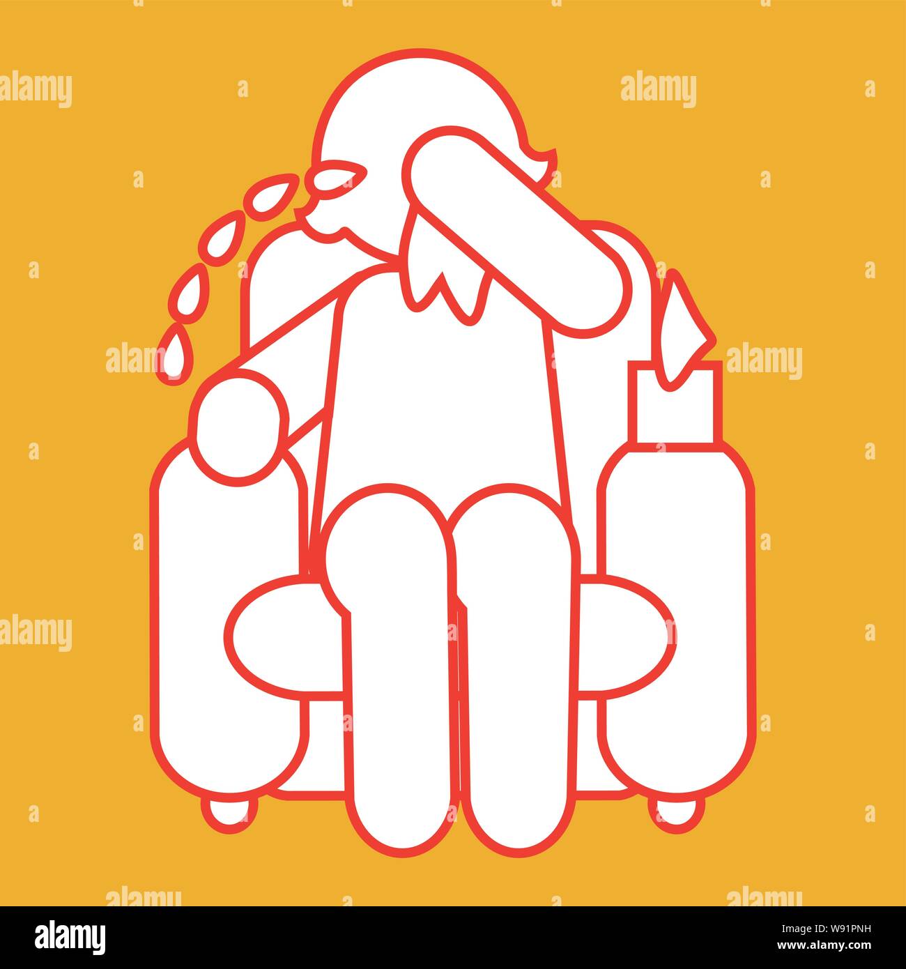 Female character sitting in a chair crying into a tissue a stream of tears running off beside her Stock Vector