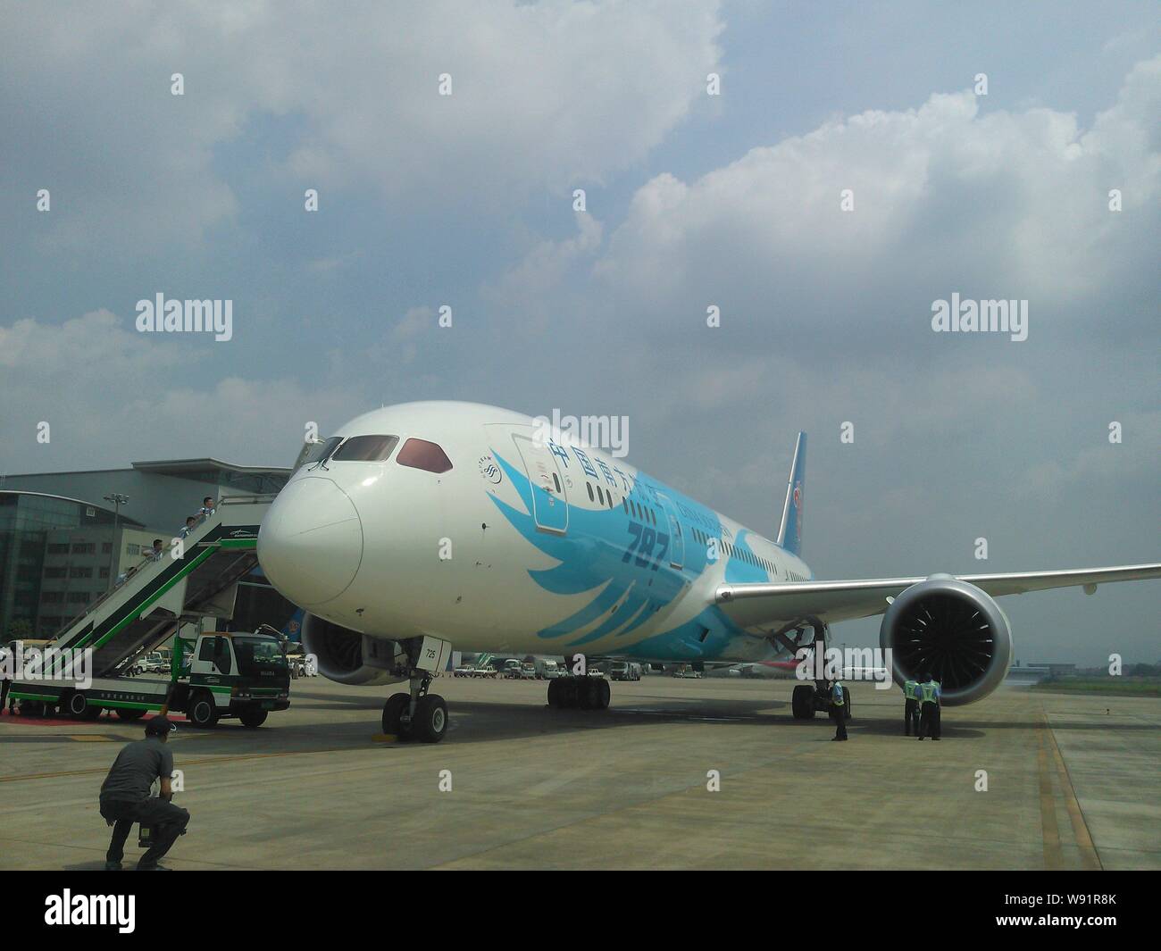 View of the Chinas first Boeing Co. (BA) Dreamliner 787 of the China Southern Airlines Co. at the Guangzhou Baiyun Airport in Guangzhou, southeast Chi Stock Photo