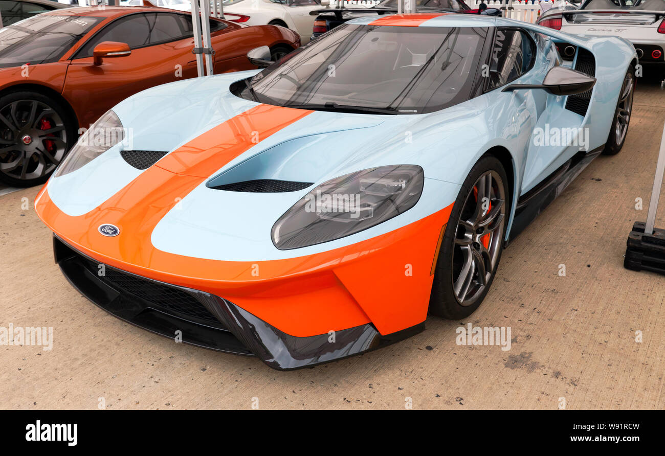 View of a 2019 Gulf Heritage Edition Ford GT, on display in the International Paddock at the 2019 Silverstone Classic Stock Photo
