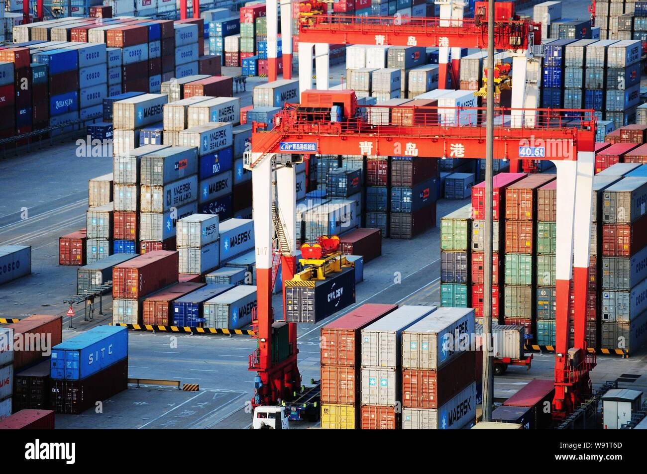 --FILE--Stacked containers are seen at a port in Qingdao, east Chinas Shandong province, 16 February 2012.   Chinese exports and imports rebounded str Stock Photo