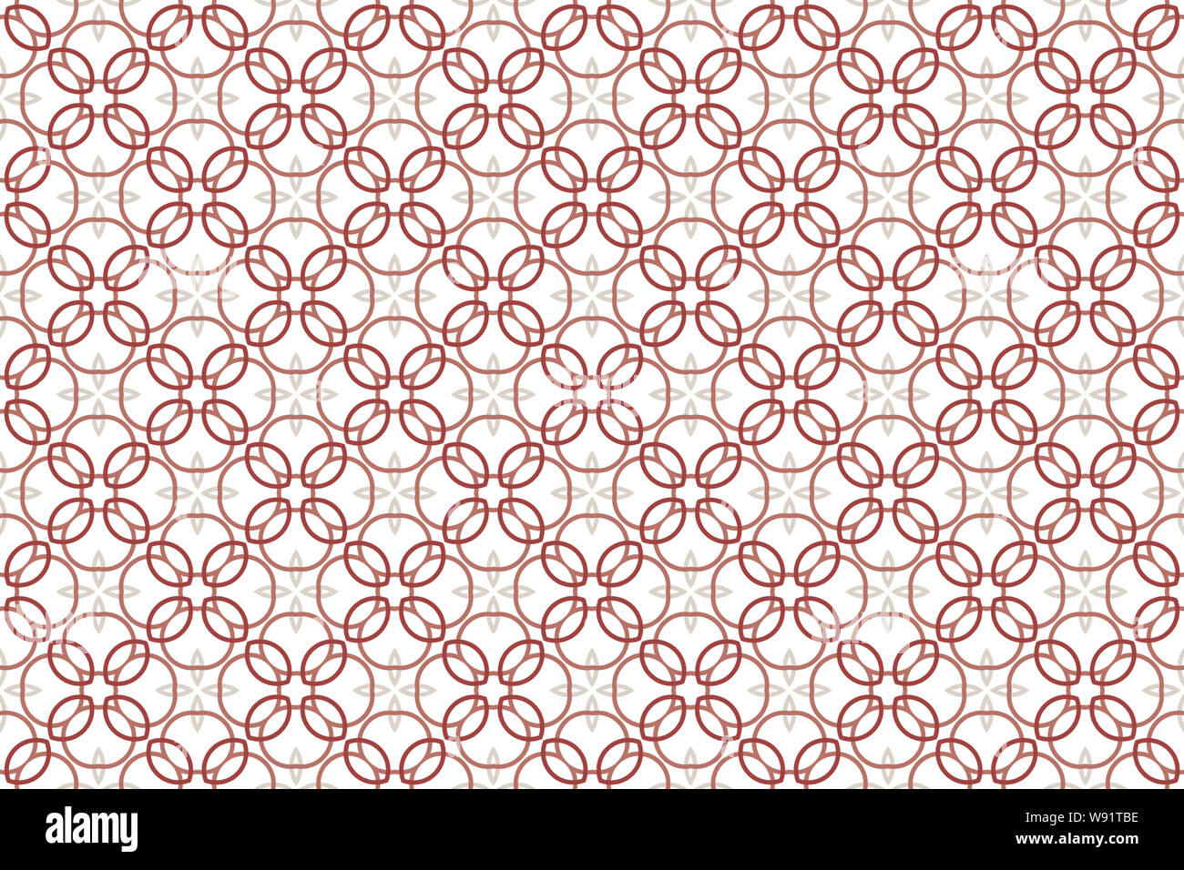 Seamless pattern. White background and intertwined lines, circles, rounded diamonds and four pointed stars in light and dark red and light brown, crea Stock Photo