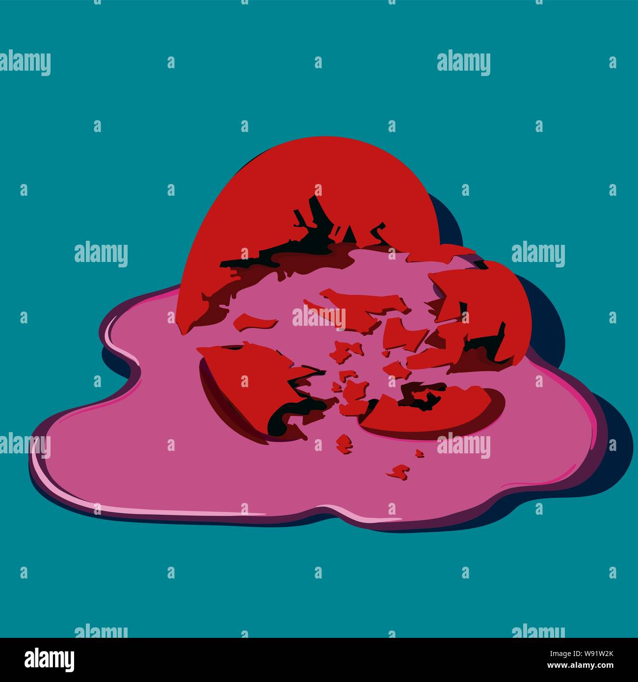 A shattered heart surrounded by a shiny liquid ooze Stock Vector