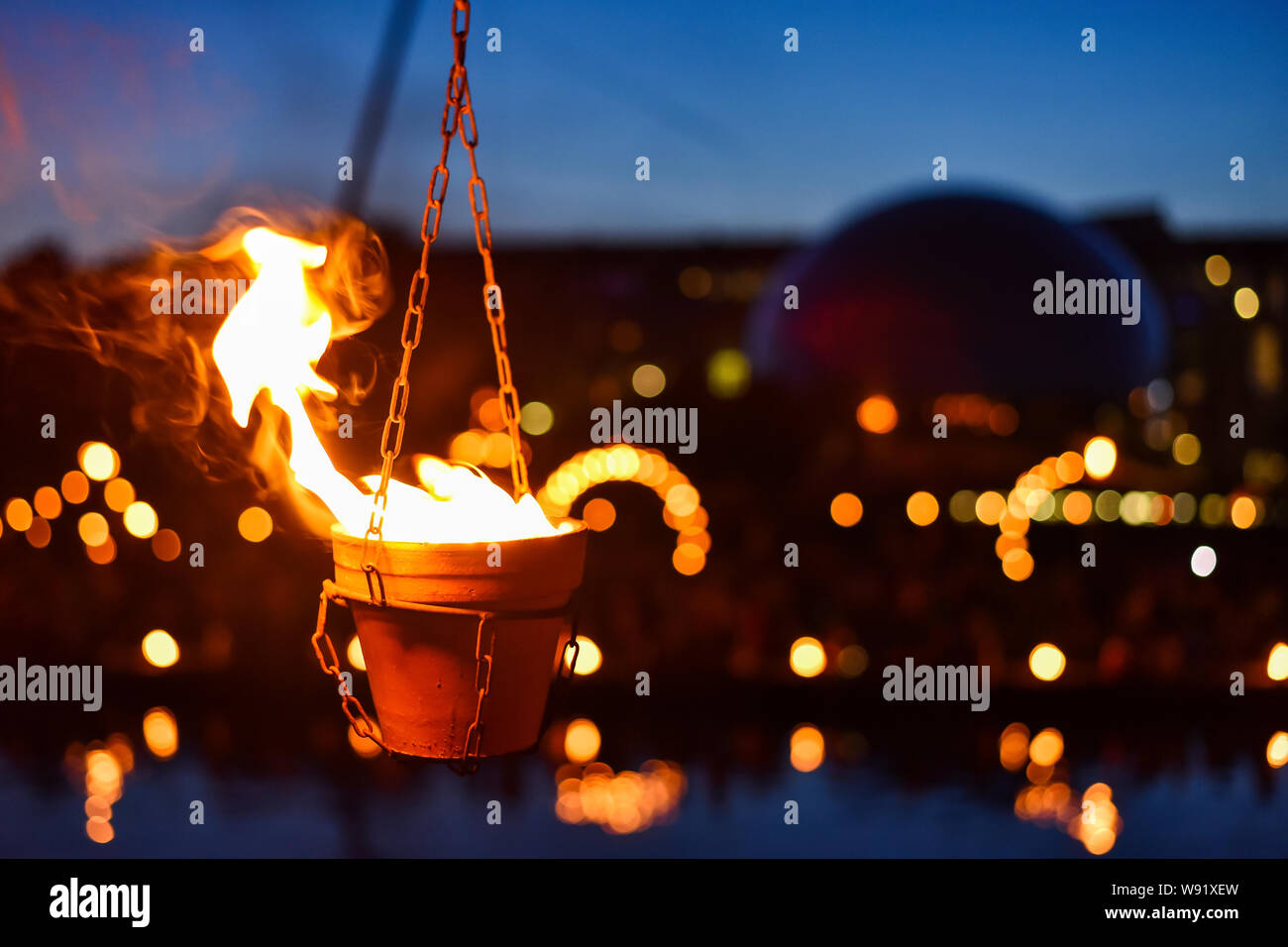 PARIS, FRANCE - July 19, 2019 :the Carabosse Company performed a gigantic fire installation in the park of La Villette, in Paris. Stock Photo