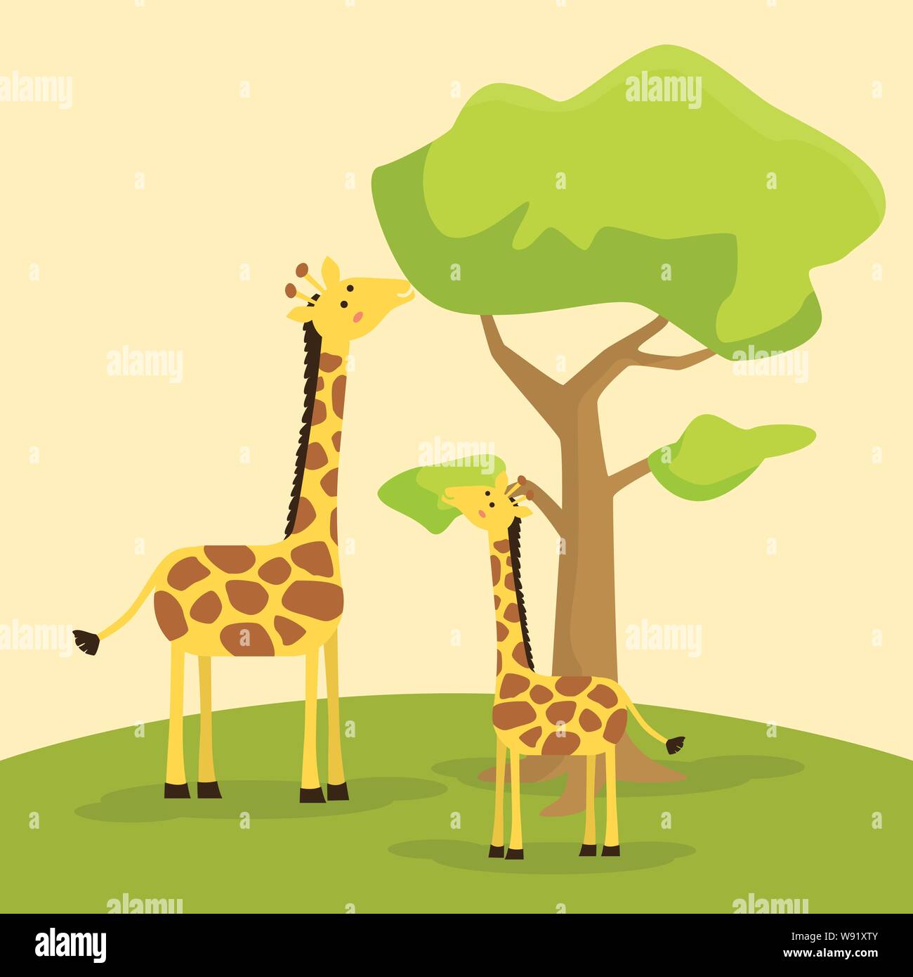Giraffe mother teaching baby giraffe eating leaf on tree vector illustration Stock Vector