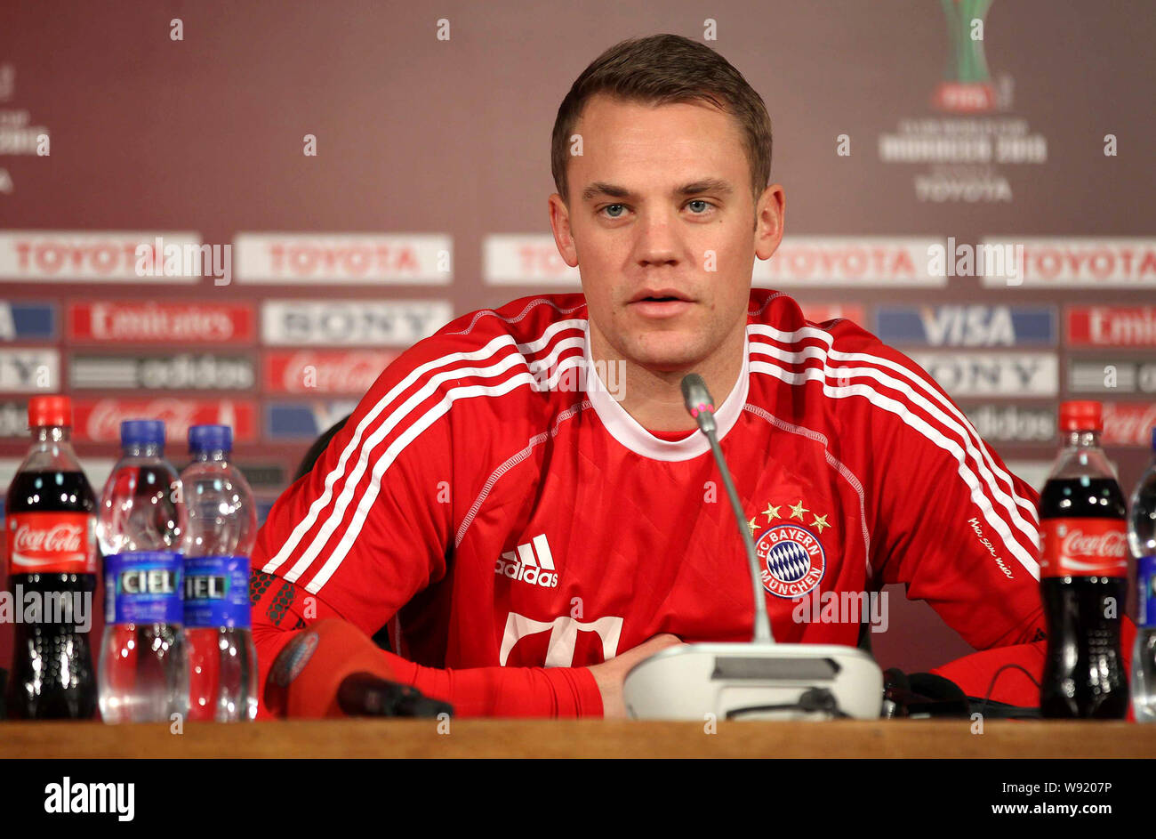 Goalkeeper Manuel Neuer of Germanys Bayern Munich speaks at a press conference during the 2013 FIFA Club World Cup in Agadir, Morocco, 15 December 201 Stock Photo