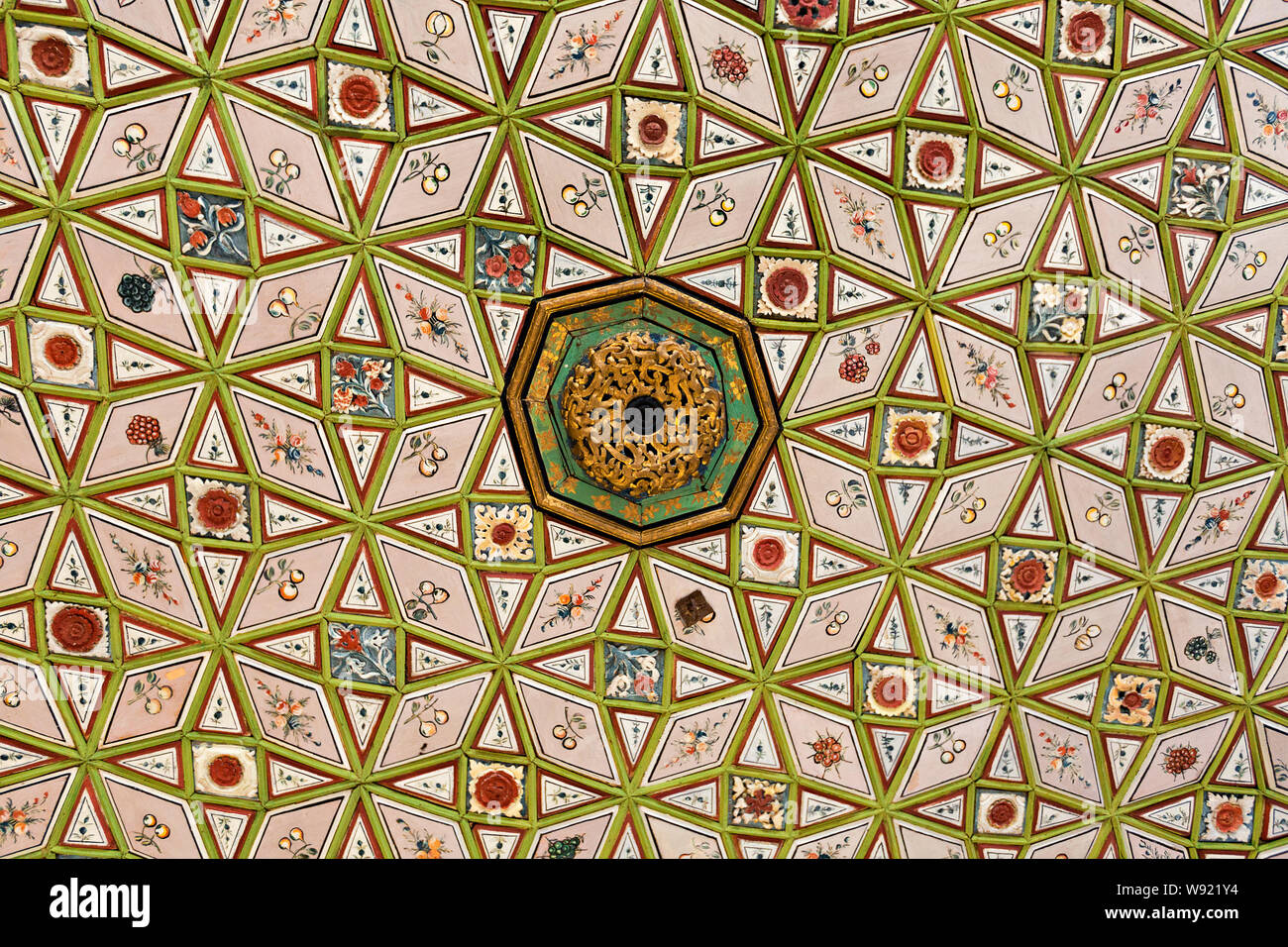 Ceiling decoration in the restored ottoman house known as Cakiraga Mansion, in Birgi, Turkey. Stock Photo