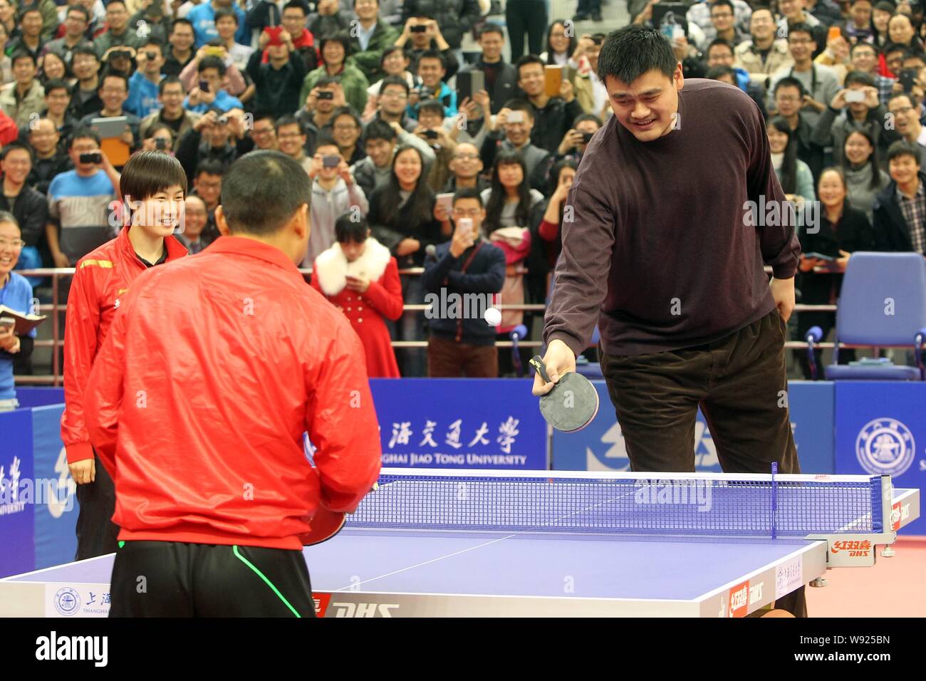 Former NBA Basketball Player Yao Ming Right Plays Table Tennis With 