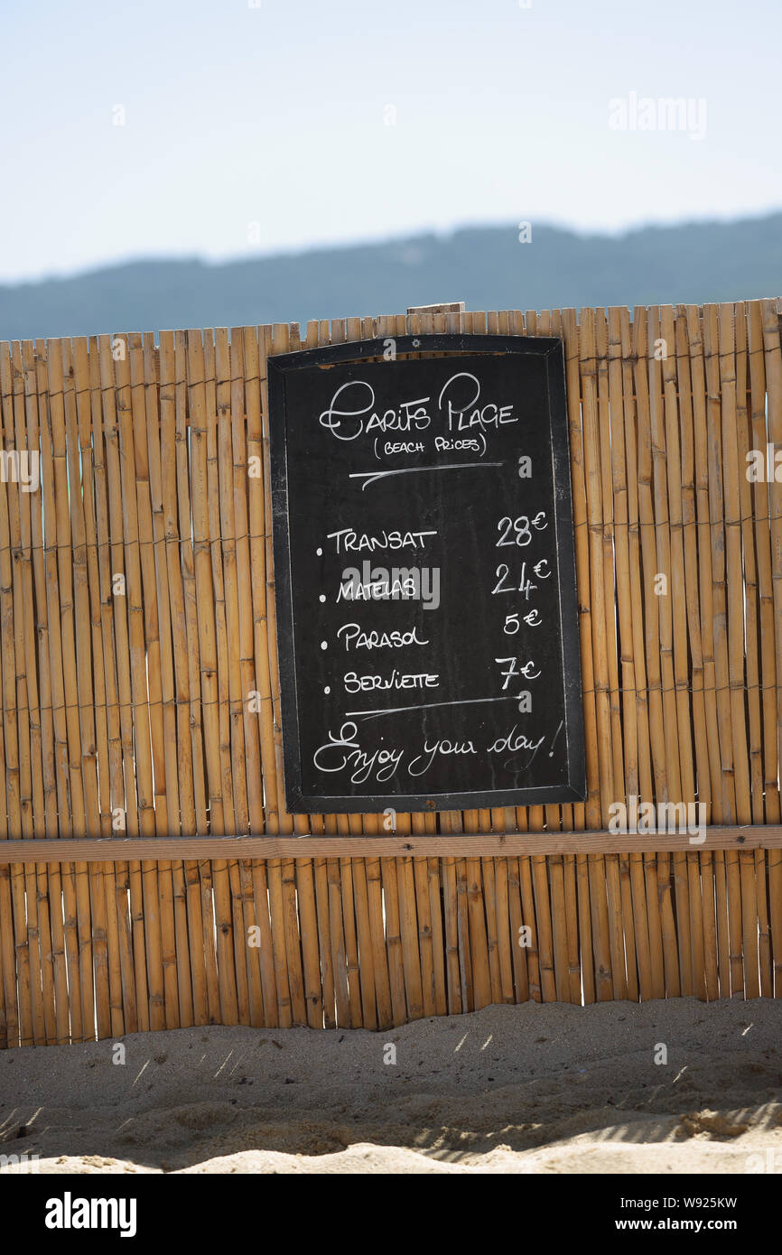 Price list on beach, south of france Stock Photo