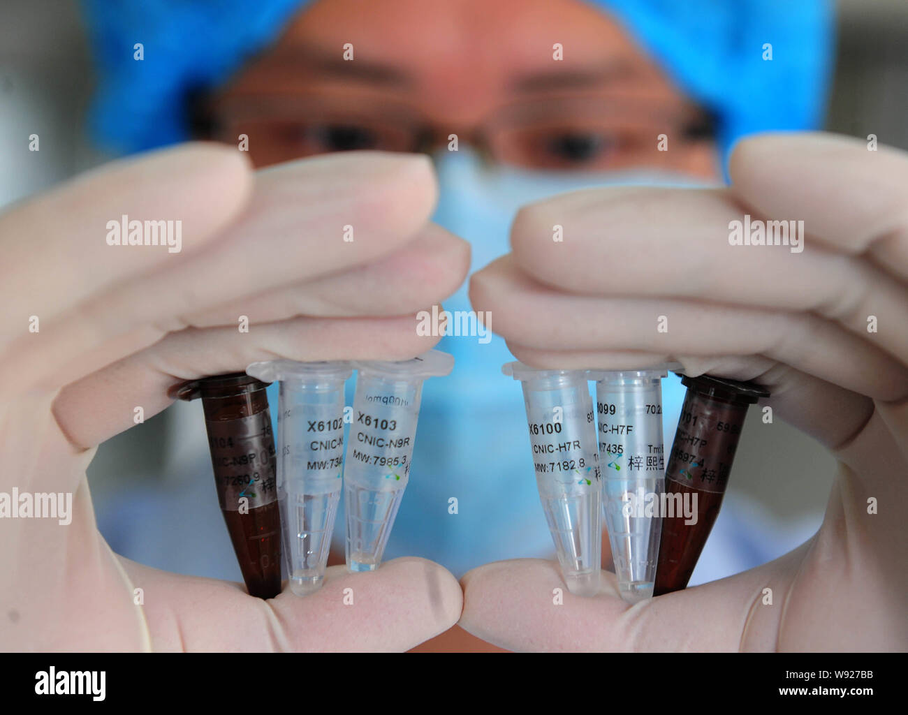 A Chinese worker shows testing reagents for the H7N9 avian flu virus in the lab of the Hunan provincial center for disease control and prevention in C Stock Photo