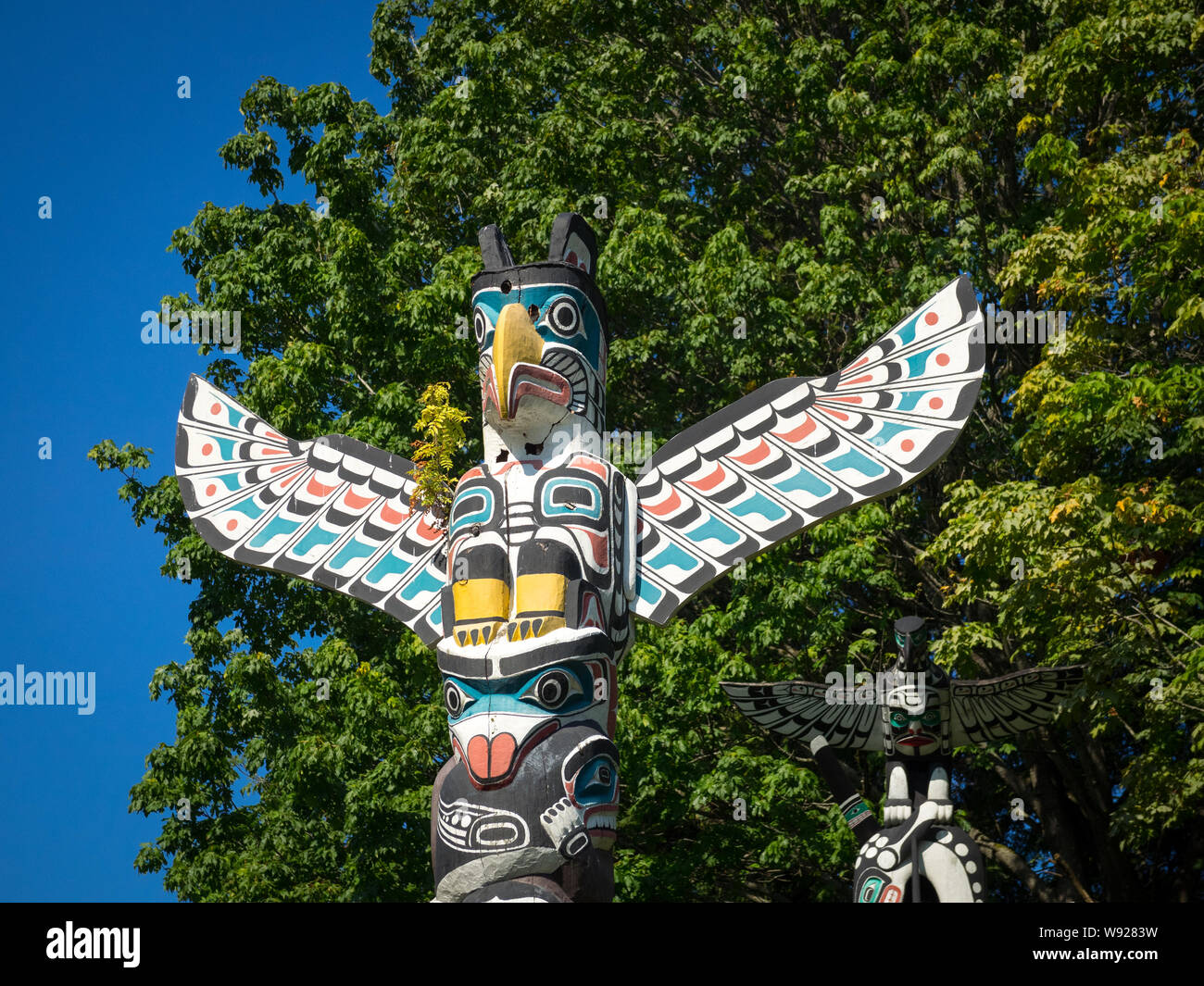 The totem poles at Brockton Point, Stanley Park, Vancouver, British Columbia, Canada. Stock Photo