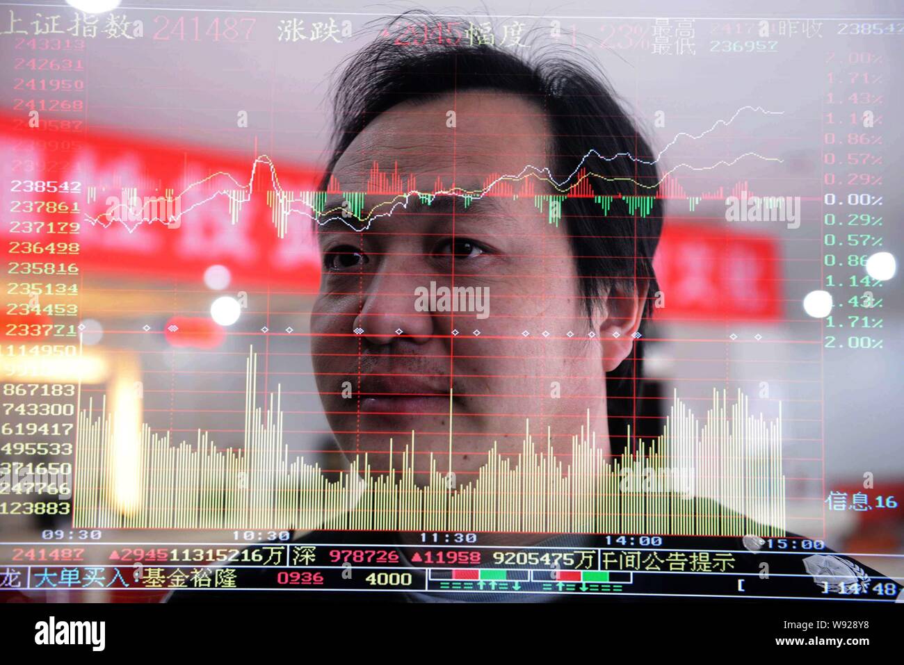 This composite image shows a Chinese investor looking at prices of shares at a stock brokerage house in Qingdao city, east Chinas Shandong province, 1 Stock Photo