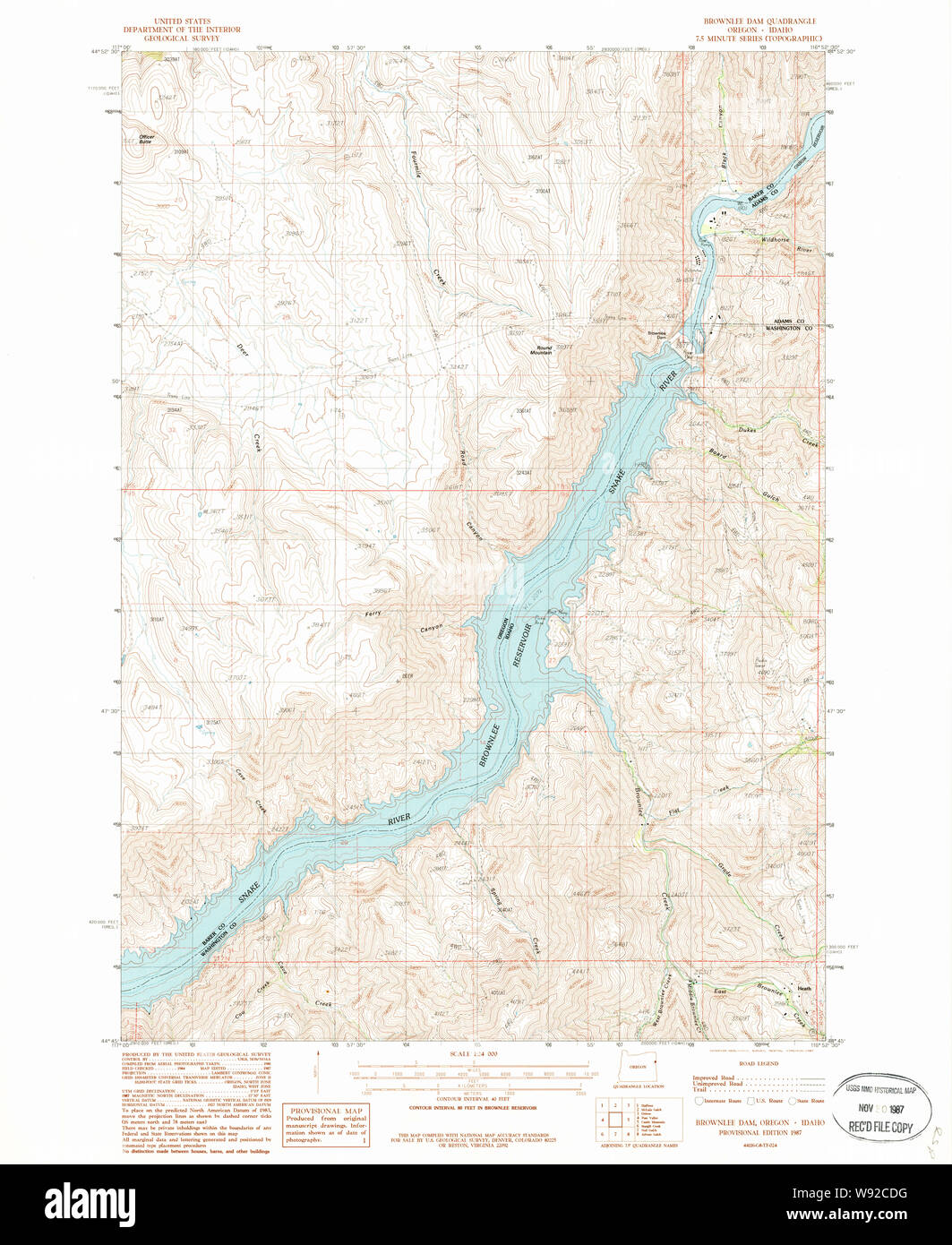 USGS Topo Map Oregon Brownlee Dam 279159 1987 24000 Restoration Stock