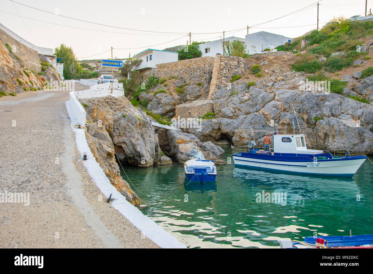 Potamos village with the port and the traditional white houses with