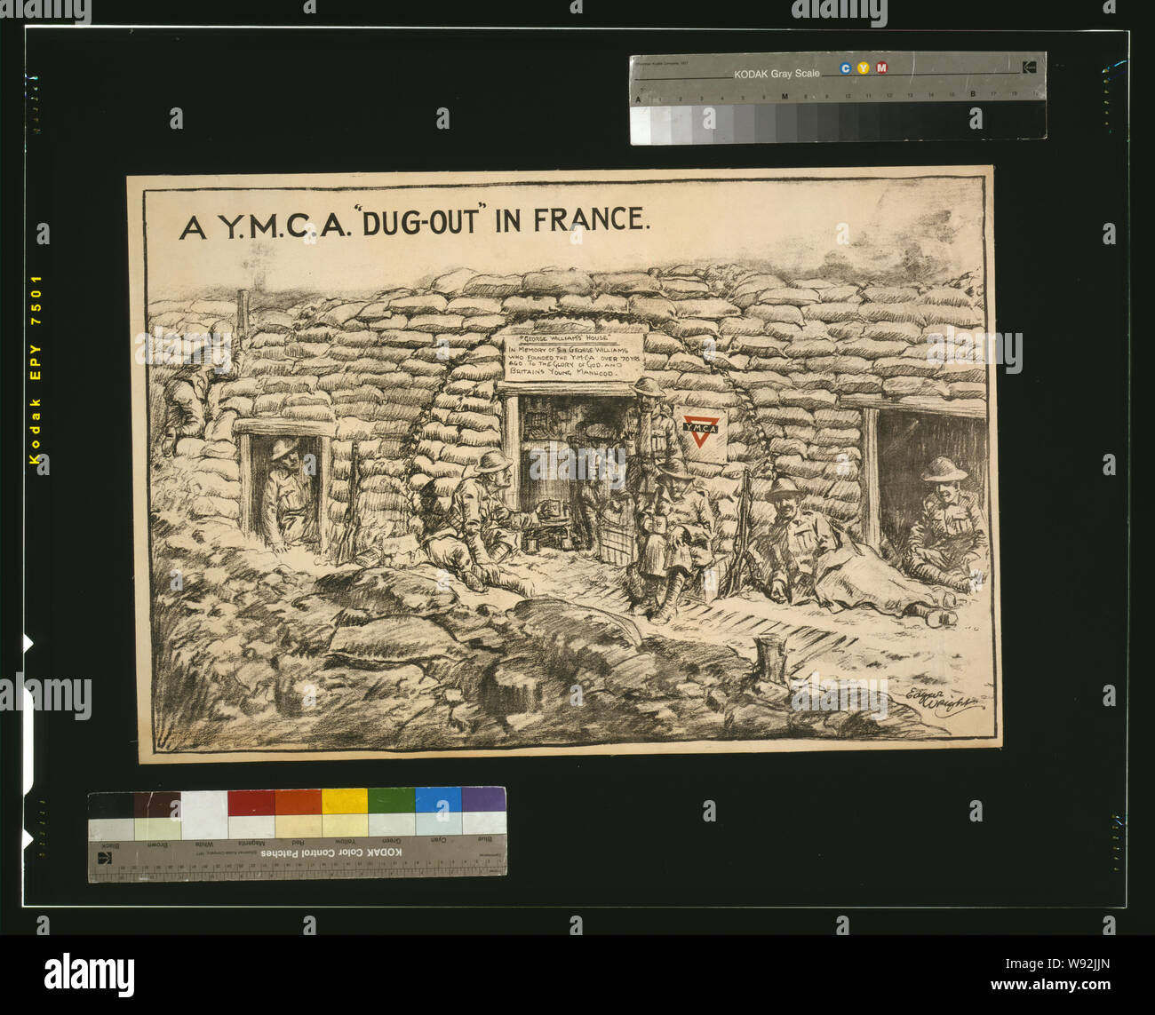 A Y.M.C.A. dug-out in France Abstract: Poster showing a YMCA canteen serving soldiers, with sign above the door, George Williams' House. In memory of Sir George Williams who founded the Y.M.C.A. over 70 yrs. ago. To the glory of God and Britain's young manhood. Stock Photo