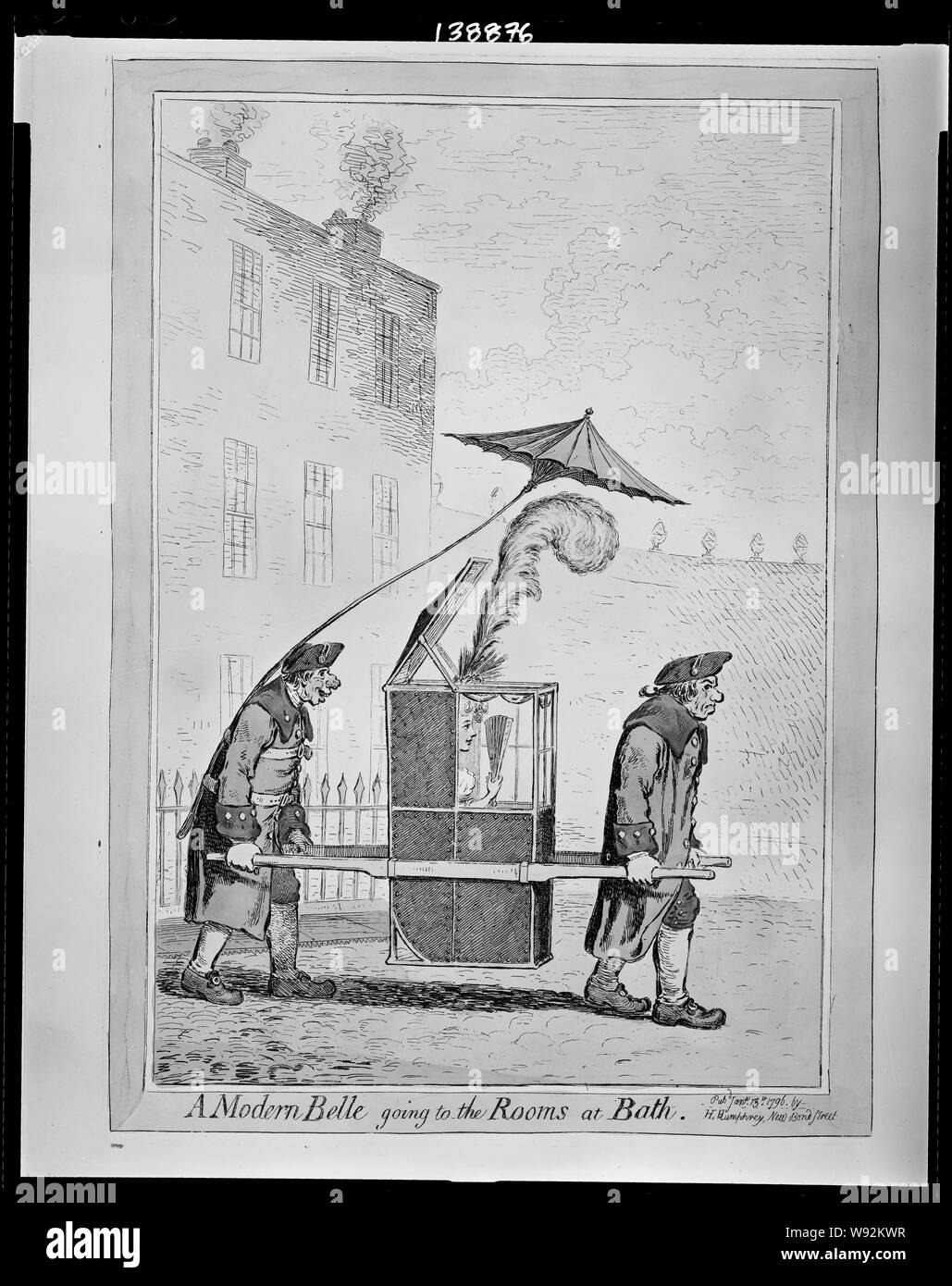A  modern belle going to the rooms at Bath Abstract: Print showing two porters carrying an elegantly dressed woman in a sedan chair. Stock Photo