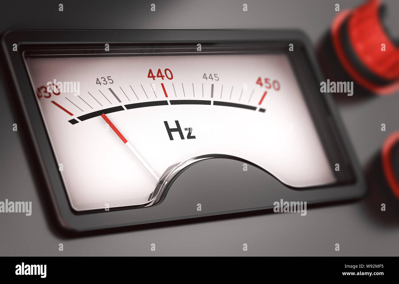 3D illustration of a gauge with needle pointing to 432 Hz (hertz). Concept of music tuning and frequency change. Stock Photo