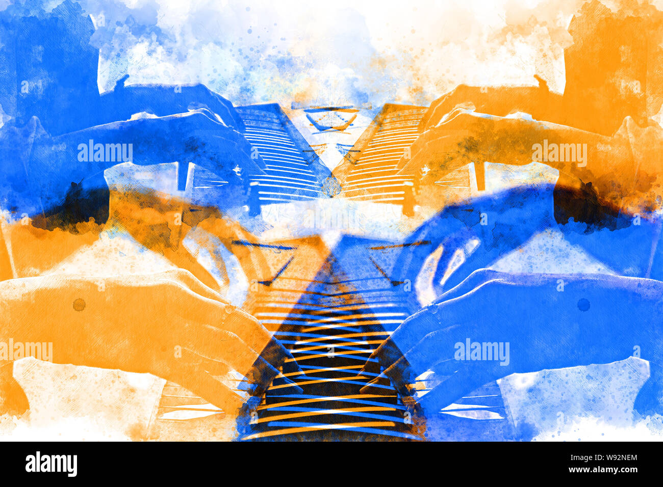 Abstract Beautiful Hand Playing Keyboard Of The Piano Foreground Watercolor Painting Background And Digital Illustration Brush To Art Stock Photo Alamy