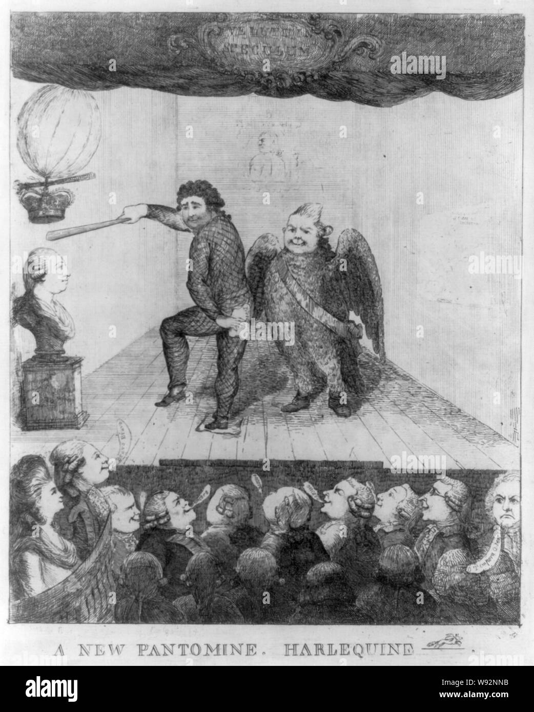 A  new pantomine - harlequine Abstract: Print shows Charles James Fox and Lord North performing on a stage before an audience including the Prince of Wales with his mistress, Mary Robinson, also, Admiral Keppel, the Earl of Portland, Lord Cavendish, and Edmund Burke a balloon floats a crown and sceptre above a bust of George III over which Fox holds a club. Stock Photo