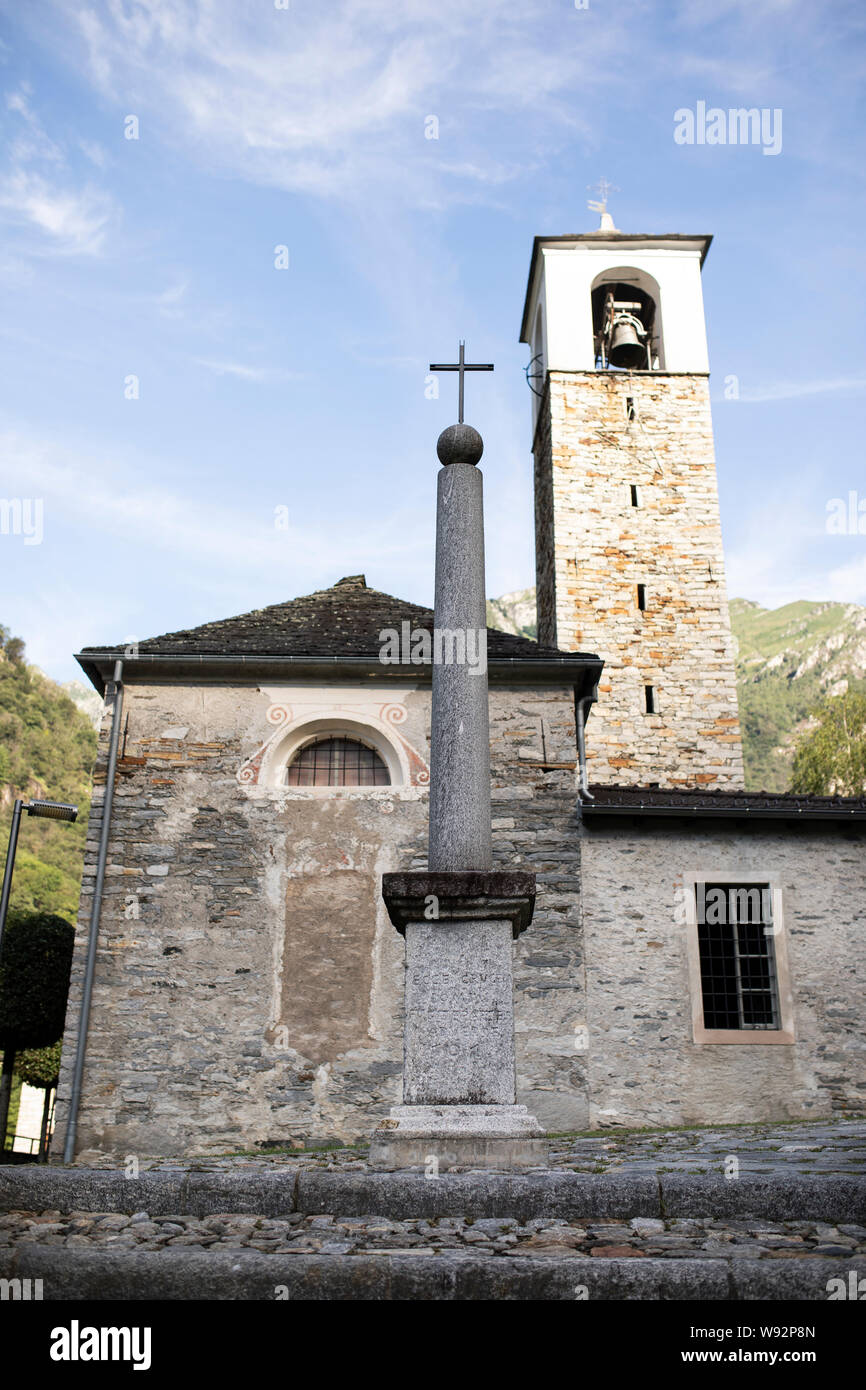 The exterior of the church of San Bartolomeo in the town of Vogorno in the Italian region of Ticino in Switzerland. Stock Photo