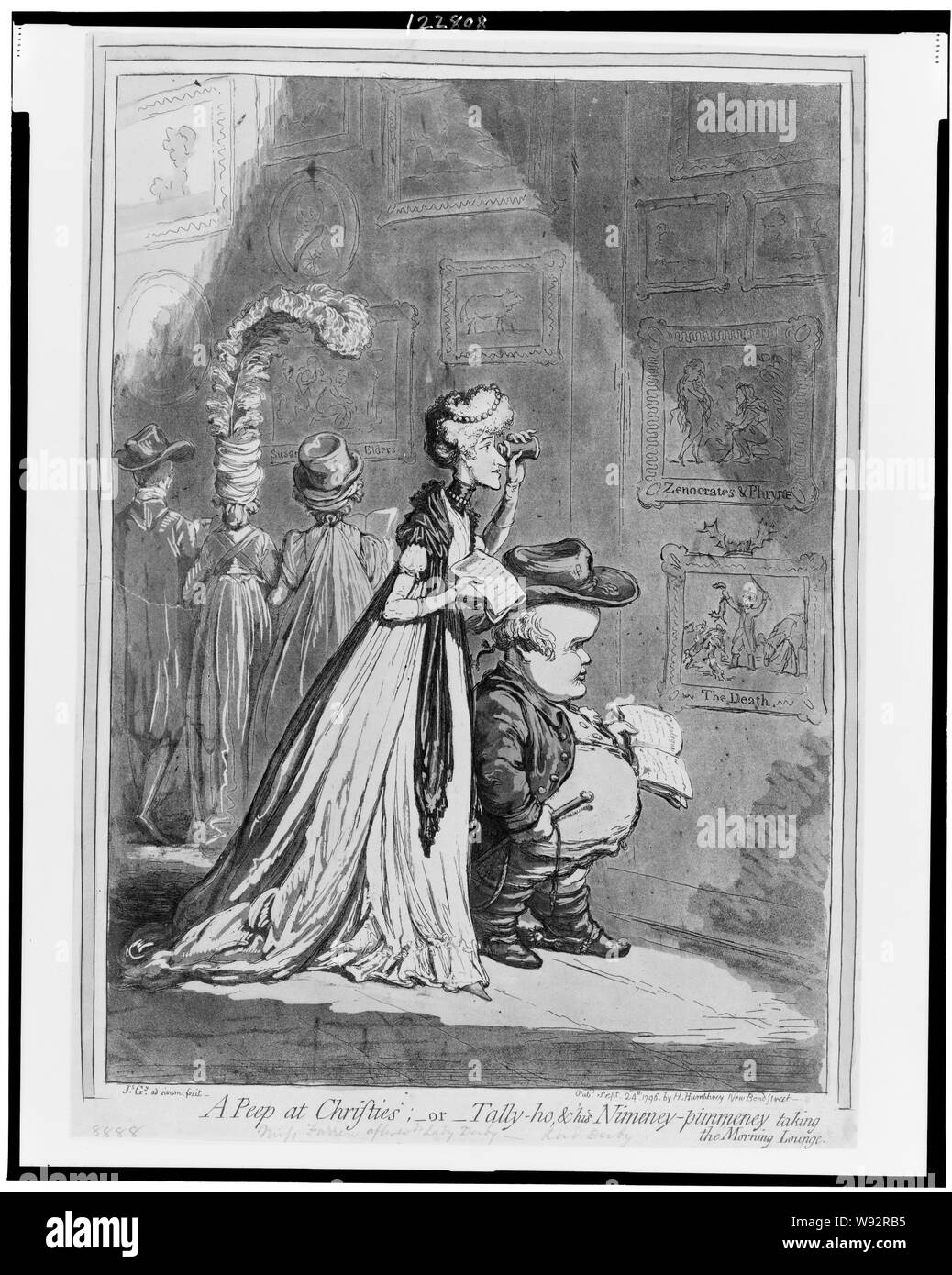 A  peep at Christies - or - Tally-ho, & his nimeney-pimmeney taking the morning lounge Abstract: Miss Farren and Lord Derby walk together inspecting pictures. She, very thin and tall, looks over his head through a glass at a picture in the second row of Zenocrates & Phryne. He looks at the picture immediately below, The Death, a huntsman holding up a fox to the hounds. Lord Derby, much caricatured, very short and obese, wears riding-dress with spurred boots and holds a whip. Miss Farren wears no hat, a dress hanging from the shoulders and trailing her, short sleeves and gloves. Both hold an op Stock Photo