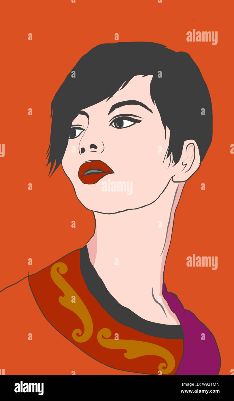 Illustration design of a beautiful young woman with black short hair and red lipstick Stock Photo