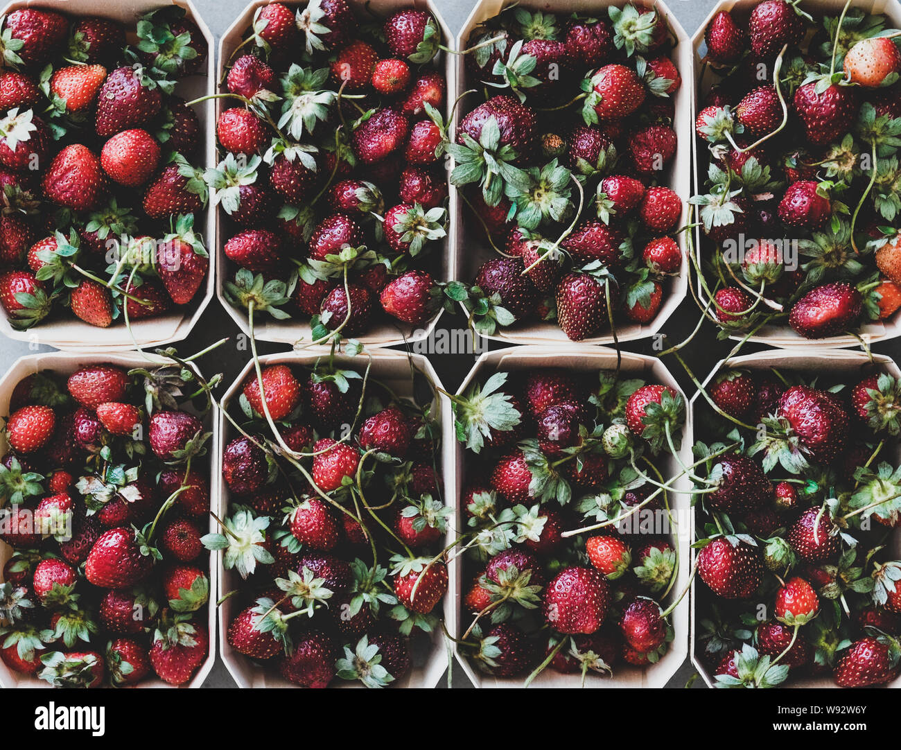Fresh strawberries in boxes texture, background and wallpaper Stock
