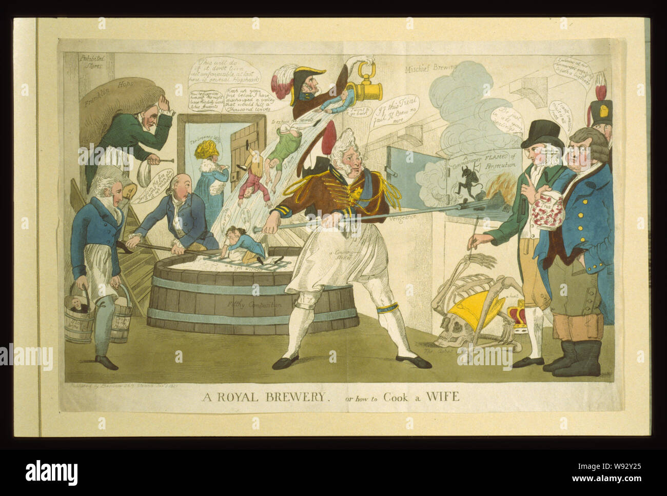 A  royal brewery, or how to cook a wife Abstract: Print shows George IV, a conning stoker, of some Mischief brewing, stirring up the Flames of Persecution, with vengeance, saying, If this trial fail I'l brew no more. Behind him is a vat Filthy composition into which flows a pure stream to expose the secrets which spills on a couple in an embrace, How do you like it - non mi Ricordo. Passing an open door is Caroline, The brewers wife. On the right are three men, one says, Be just in all your dealings. Another, holding a pitcher labeled a trial says, I can't swallow this, it is all froth. The th Stock Photo