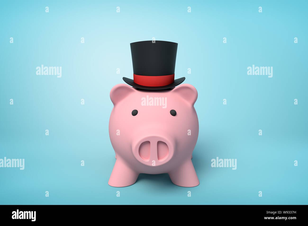 3d front close-up rendering of pink piggy bank wearing black top hat with red ribbon on light-blue background. Stock Photo